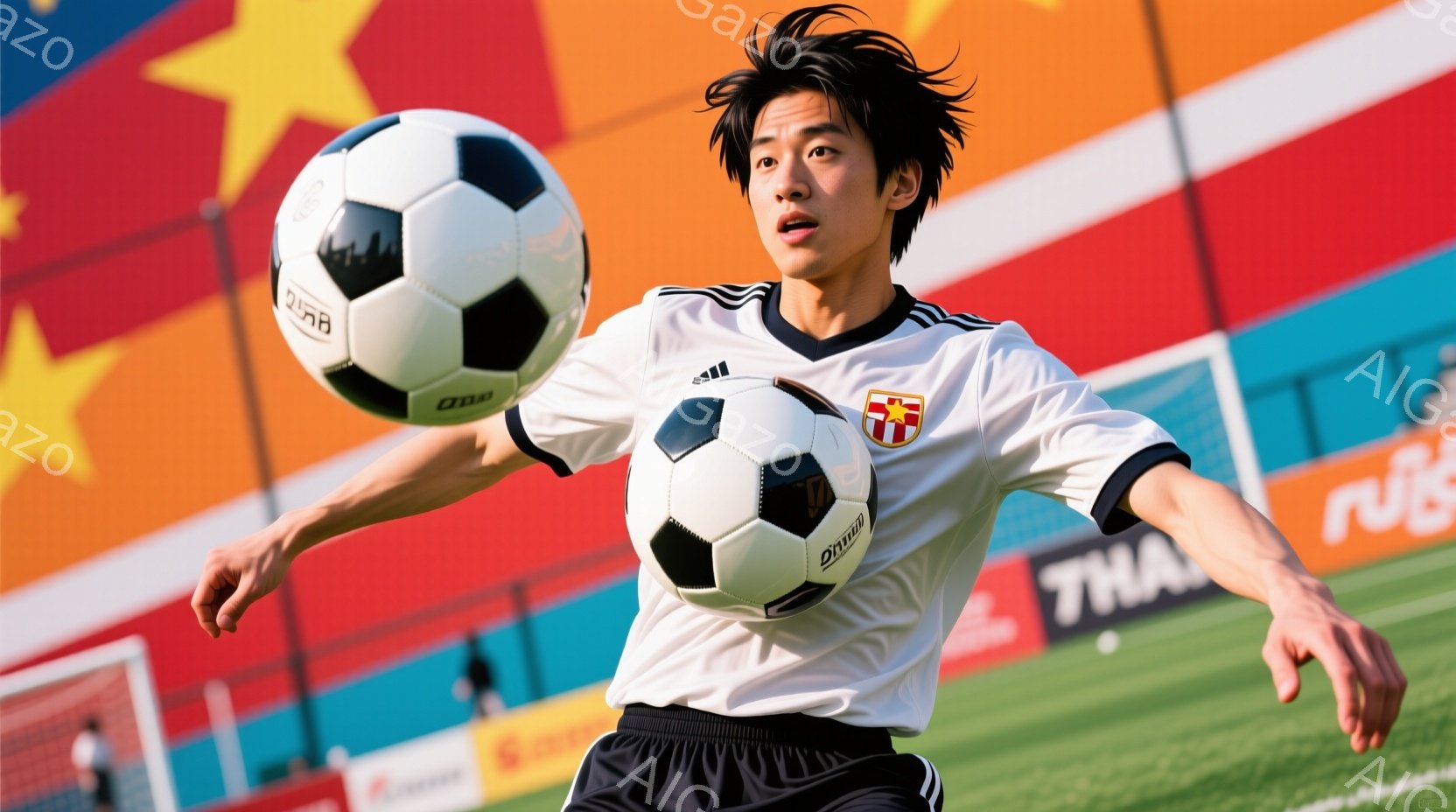 若い男性がサッカーボールを頭で受けている瞬間を捉えた写真です。黒いショートパンツと白い長袖のサッカーユニフォームを着ており、髪は少し長めで、額にかかっています。背景には緑色のサッカー場と観客席らしきものが写っており、活気のある試合の雰囲気が伝わってきます。