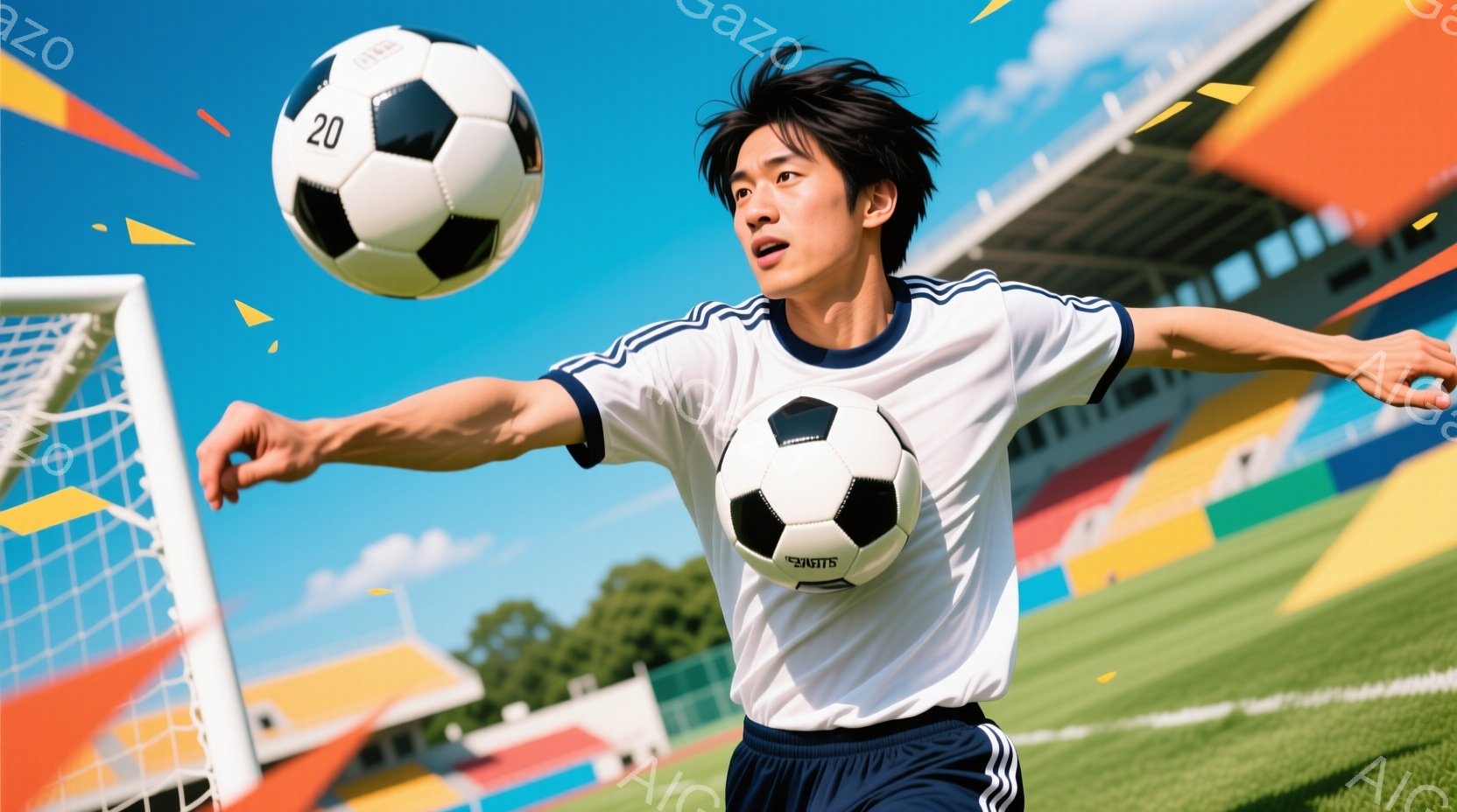 サッカーの試合中にヘディングをする若い男性が写っています。彼は白い半袖のシャツと濃い青色のショーツを着用し、黒い髪は短く整えられています。背景には、緑の芝生、サッカーゴールネット、そして観客席が見え、晴天の下、活気に満ちた試合の雰囲気が漂っています。