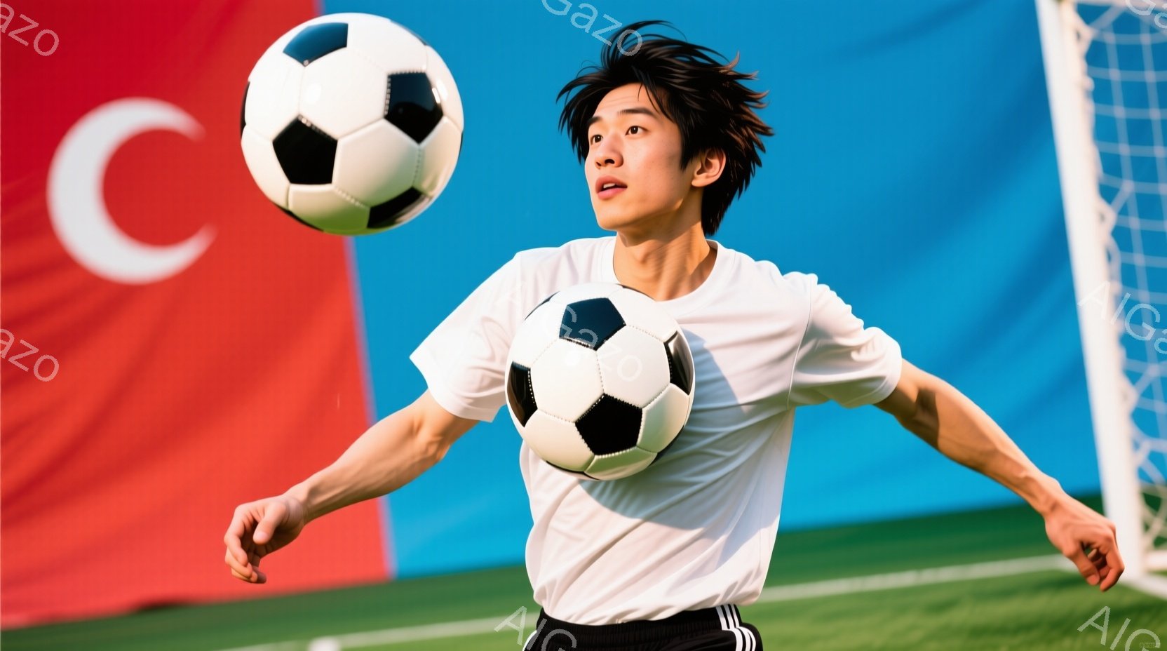 若い男性がサッカーボールを頭で受けている様子が写っている。白の半袖シャツに黒のショーツ姿で、髪は無造作に跳ねている。背景には赤い壁とサッカーゴールが見え、青い空が広がり、運動場の活気を感じさせる。