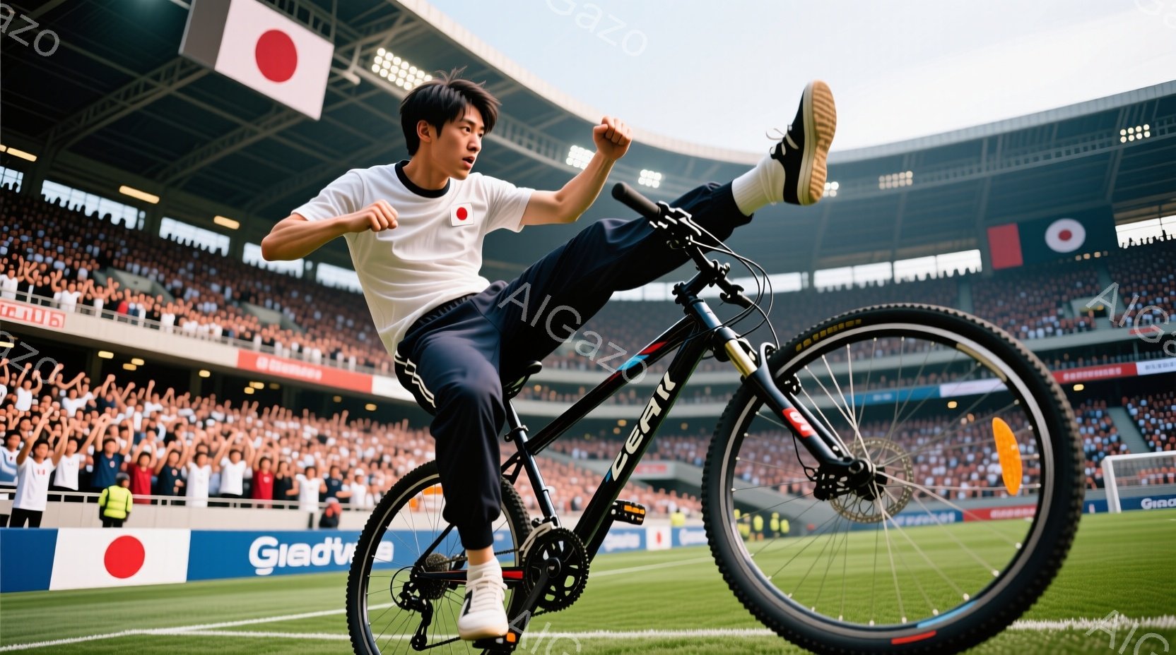 白いTシャツと黒いパンツを身につけた若い男性が、緑の芝生の上に置かれたマウンテンバイクの上で、片足を大きく上げてジャンプしています。彼は黒いヘアスタイルで、顔には決意と興奮が混じった表情が見られます。背景には満員の観客席と、広告が入った壁があり、競技場のような賑やかな雰囲気です。