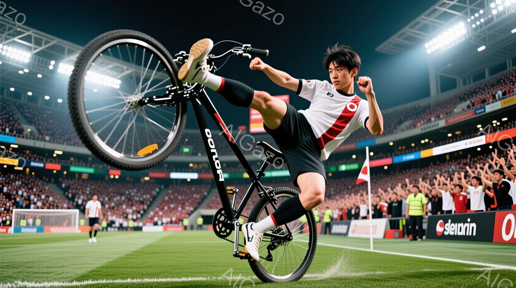 サッカー場の中央で、若い男性が自転車のペダルを蹴り上げている様子が描かれています。彼は白と赤のストライプのシャツ、黒いショーツ、白い靴下を着用し、黒髪を短く整えています。背景には満員の観客席と夜間のスタジアム照明があり、躍動感と競技の興奮を表現しています。