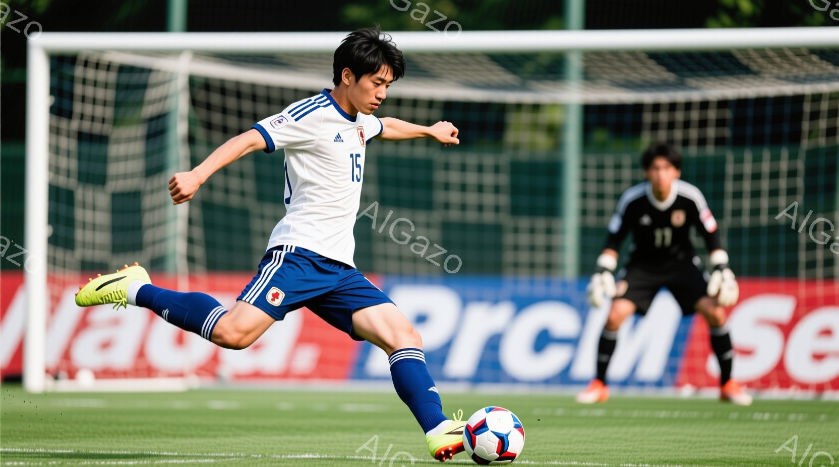 サッカー選手がボールを蹴り出す瞬間を捉えた写真です。白と青のユニフォームを着ており、髪は短く整えられています。背景には緑の芝生とサッカーゴールが見え、試合中の活気ある雰囲気が感じられます。 - AI生成フリー素材