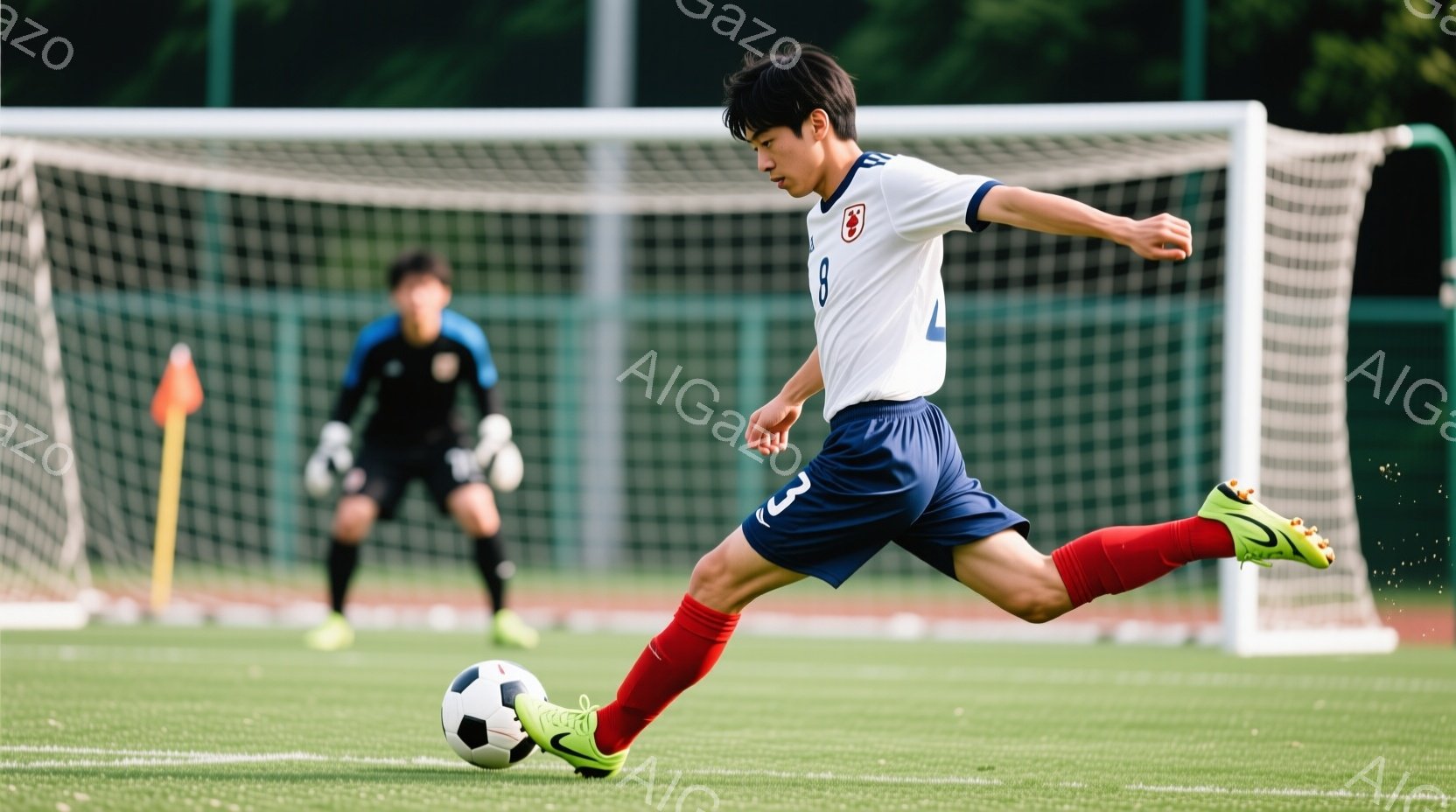 サッカー選手がボールを蹴る瞬間を捉えた写真です。白のユニフォームに青い短パン、赤いソックスを着用し、黒髪を短く切った選手は、左足を振りかぶり、ボールに勢いよく蹴り込んでいます。背景には緑の芝生とサッカ - AI生成フリー素材