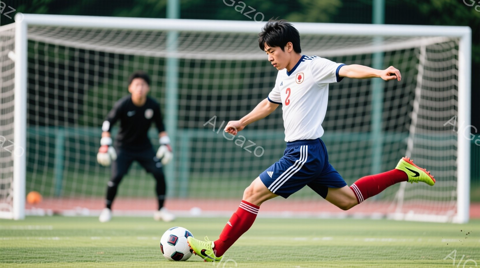 サッカーの試合中の様子で、一人の選手がボールを蹴り出す瞬間の写真です。選手は白と青のストライプが入ったユニフォーム、赤いソックス、そして緑色のスパイクを履いており、髪は短く整えられています。背景にはサ - AI生成フリー素材