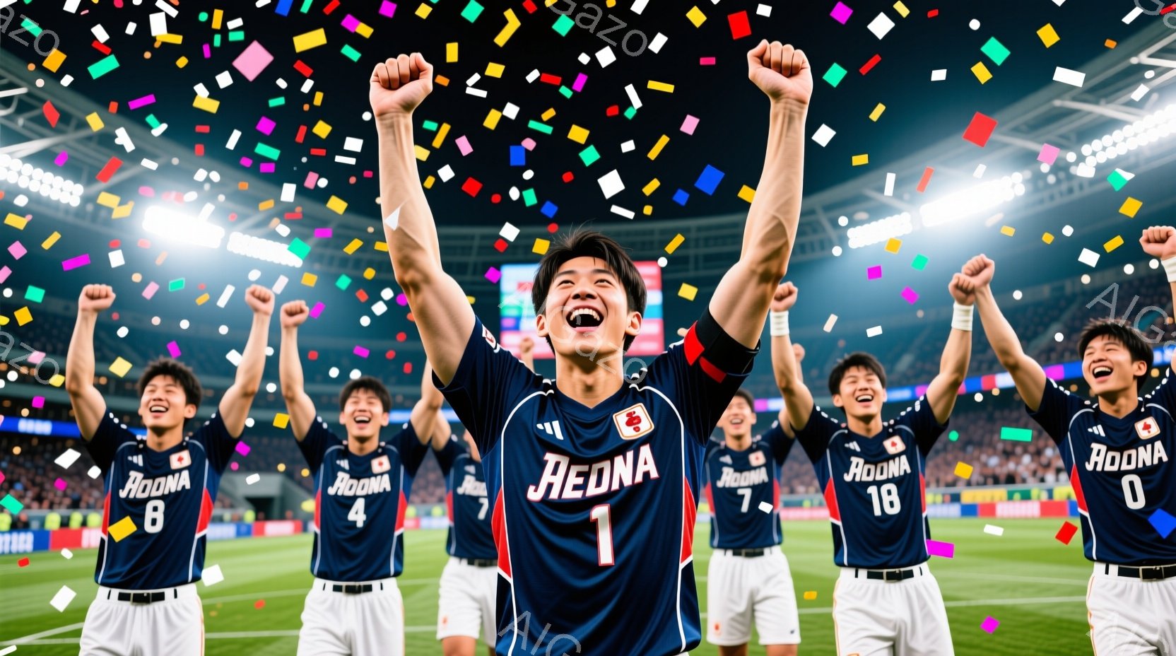 紺色のユニフォームを着たサッカー選手たちが、勝利を喜び、両手を高く上げて叫んでいます。ユニフォームには「REONA」と書かれ、背中にはそれぞれ異なる数字が記されています。背景には観客席が見え、紙吹雪が - AI生成フリー素材