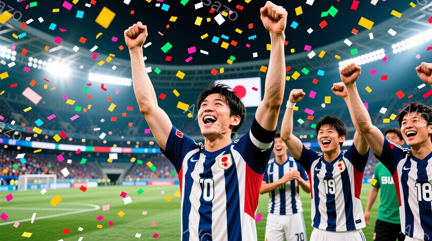 サッカーの試合で勝利したと思われる日本の選手たちが写っています。紺と白のストライプのユニフォームを着て、10番、19番、18番の背番号が見えます。彼らは両手を高く上げ、歓喜の表情を浮かべており、背景に - AI生成フリー素材