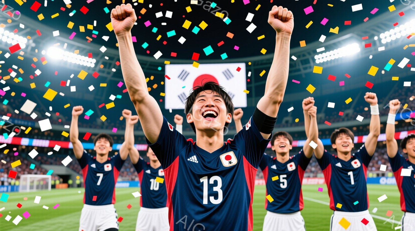 紺色のサッカーユニフォームを着た選手たちが、満員のスタジアムで両手を高く上げて歓喜しています。彼らのユニフォームにはそれぞれ異なる背番号が記されており、13番の選手が中央に位置し、特に表情が明るく、勝 - AI生成フリー素材