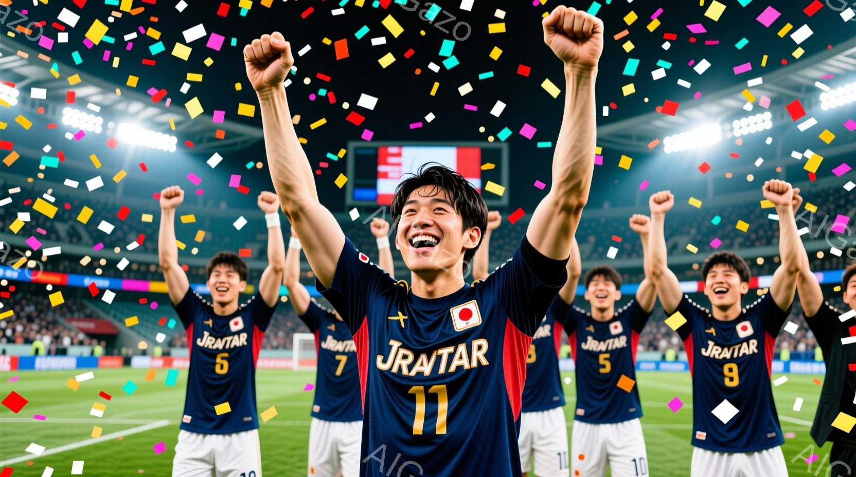 選手たちは赤いユニフォームを着て、歓喜の表情で両手を高く上げ、勝利を祝っています。ユニフォームには「JRA TAR」という文字と背番号が書かれており、背景には緑の芝生と観客席が見えます。全体的に、明る - AI生成フリー素材