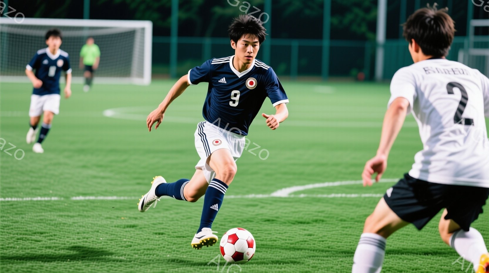 鮮やかな緑の芝生の上で、紺色のサッカーユニフォームを着た若い男性がボールをドリブルしている。彼は黒髪で、集中した表情をしており、左足でボールを巧みに操っている。背景には、他の選手や緑豊かな木々が見え、 - AI生成フリー素材