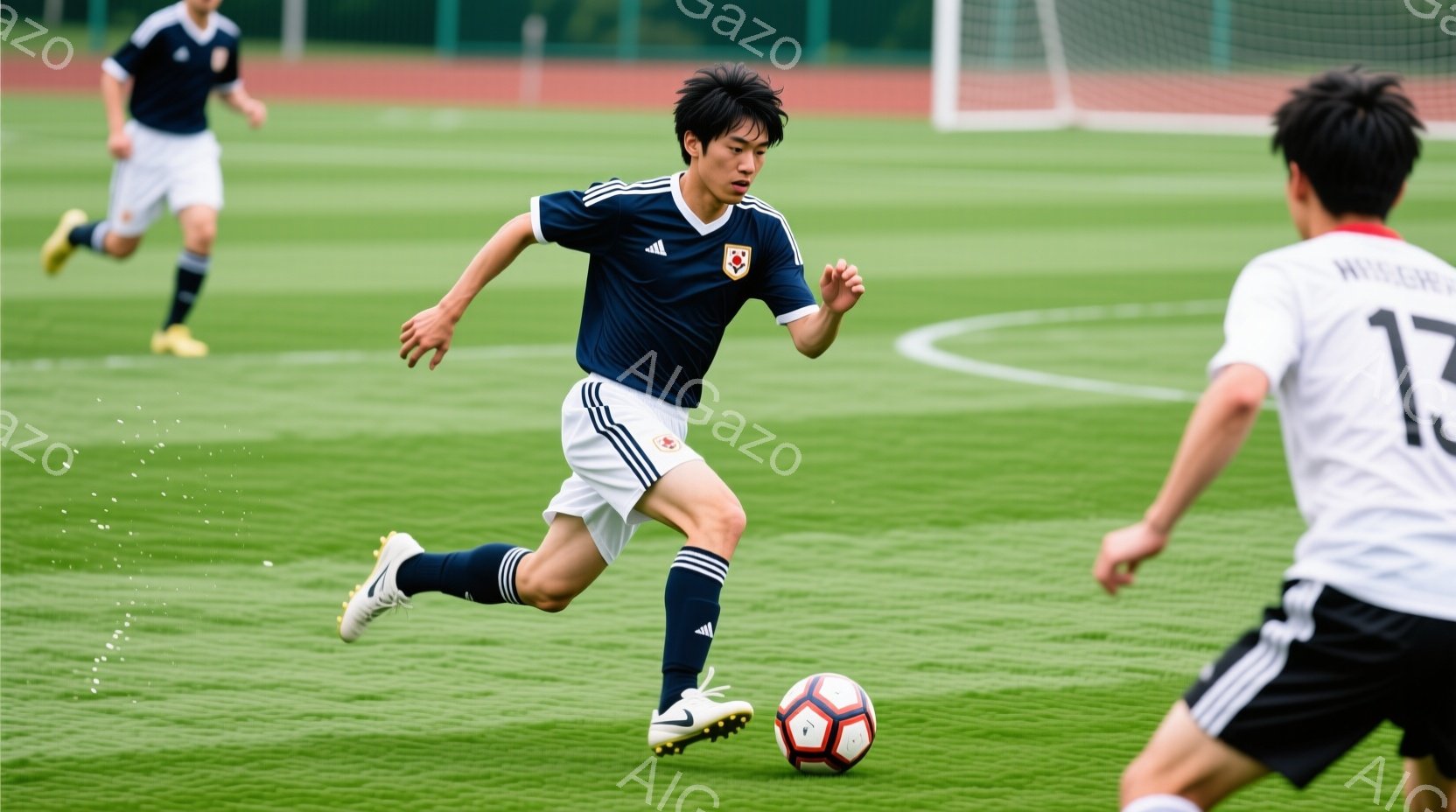 サッカーの試合中の様子で、紺色のユニフォームを着た少年がボールを追いかけて走っている。少年は黒髪で、集中した表情でボールを見つめている。背景には緑の芝生と白いライン、遠くにぼやけた建物が見え、晴れた日 - AI生成フリー素材