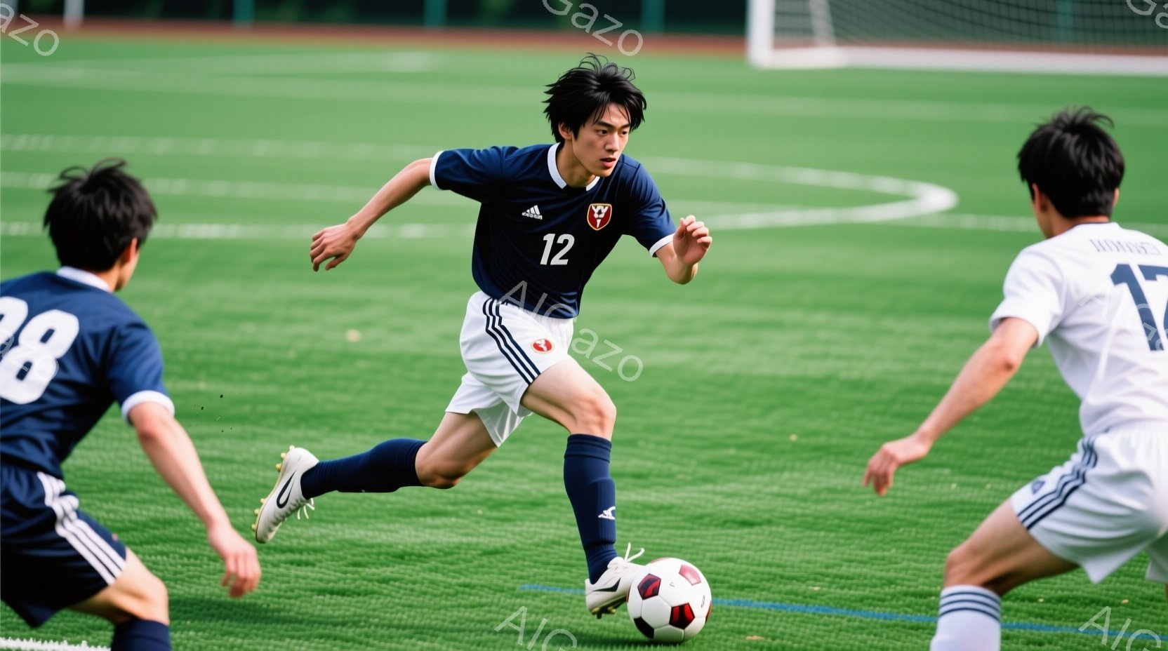 黒いサッカーユニフォームと白いショートパンツを着用した若い男性が、緑の芝生の上でボールをドリブルしている。彼の髪は黒く、やや無造作に整えられ、集中した表情でボールを見つめている。背景には他のサッカー選 - AI生成フリー素材