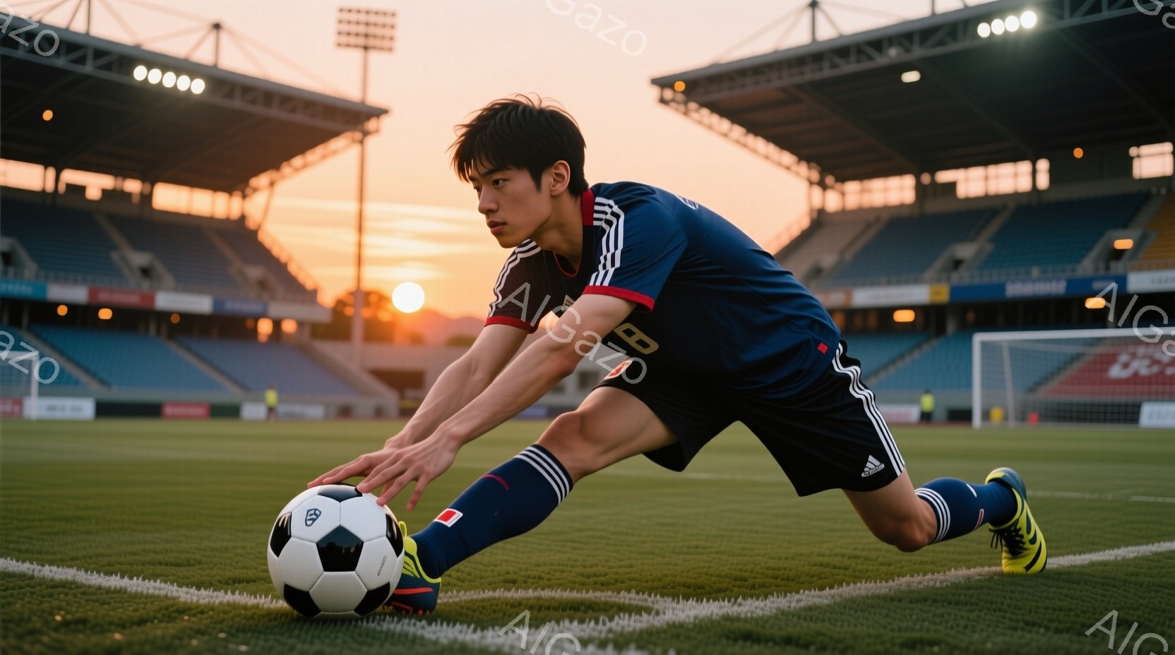 サッカー選手が緑の芝生の上でボールに手を伸ばしている様子が写っている。紺と赤のストライプが入ったサッカーユニフォームと、白いソックス、黄色と黒のスパイクを着用し、短く整えられた黒髪が特徴的だ。背景には観客席が広がり、夕焼けの光が差し込み、活気あるスポーツの瞬間を捉えている。