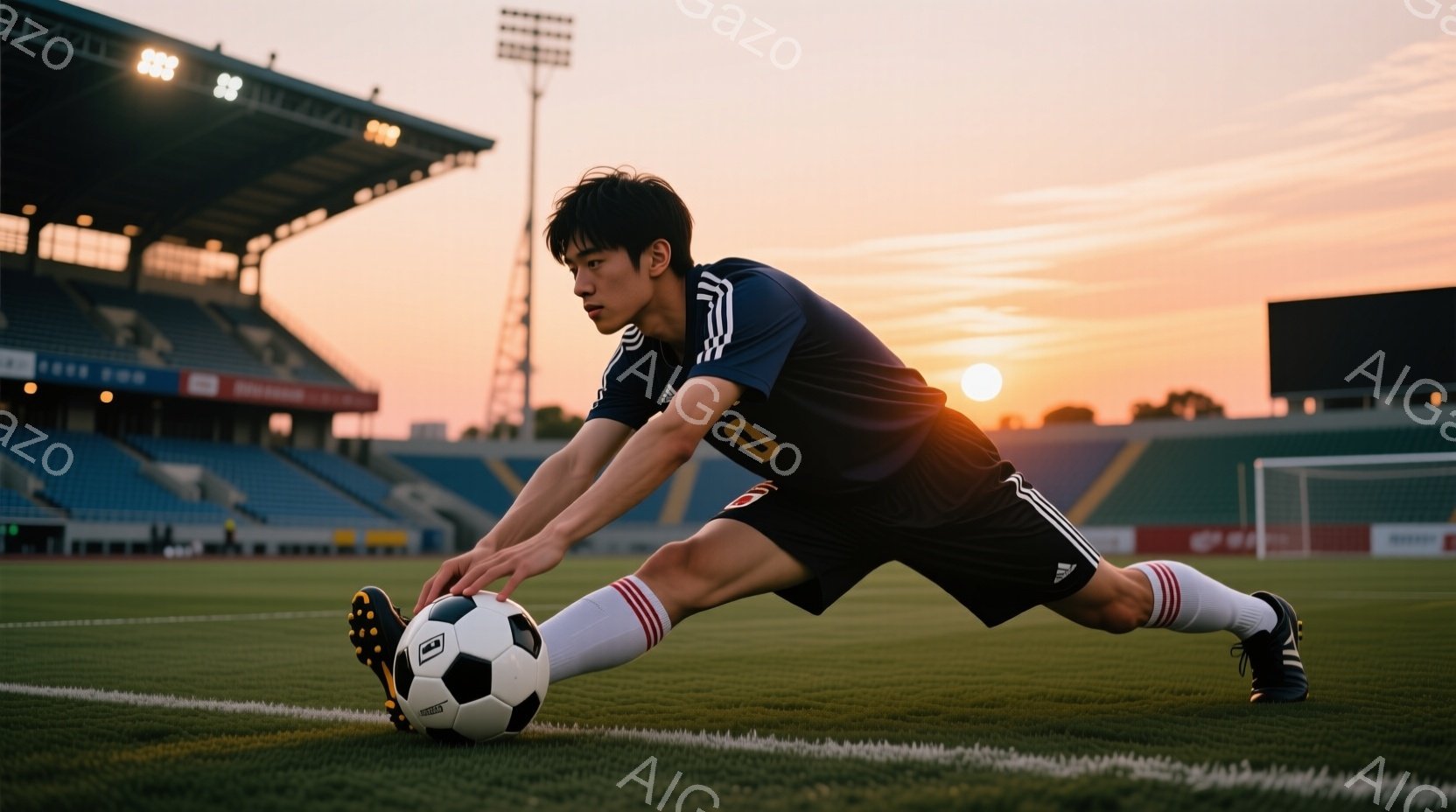 サッカー選手が緑色の芝生の上で、ボールに向かって体を伸ばしている様子が写っています。彼は青と白のストライプのユニフォーム、黒のショートパンツ、白いソックス、黒いスパイクを履いており、髪は短く整えられて - AI生成フリー素材