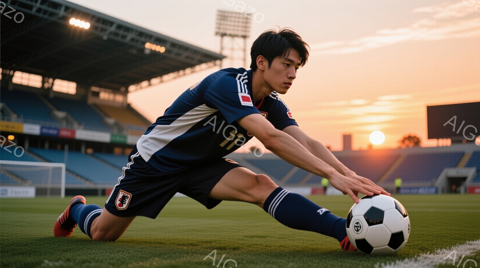サッカー日本代表のユニフォームを着用した男性が、緑の芝生の上でボールに向かって両手を伸ばしている姿が写っている。彼は膝をつき、集中した表情でボールを見つめており、背景には観客席と夕焼け空が広がり、夕暮れ時のスタジアムの雰囲気が漂っている。赤い靴下とソックスがアクセントになっている。