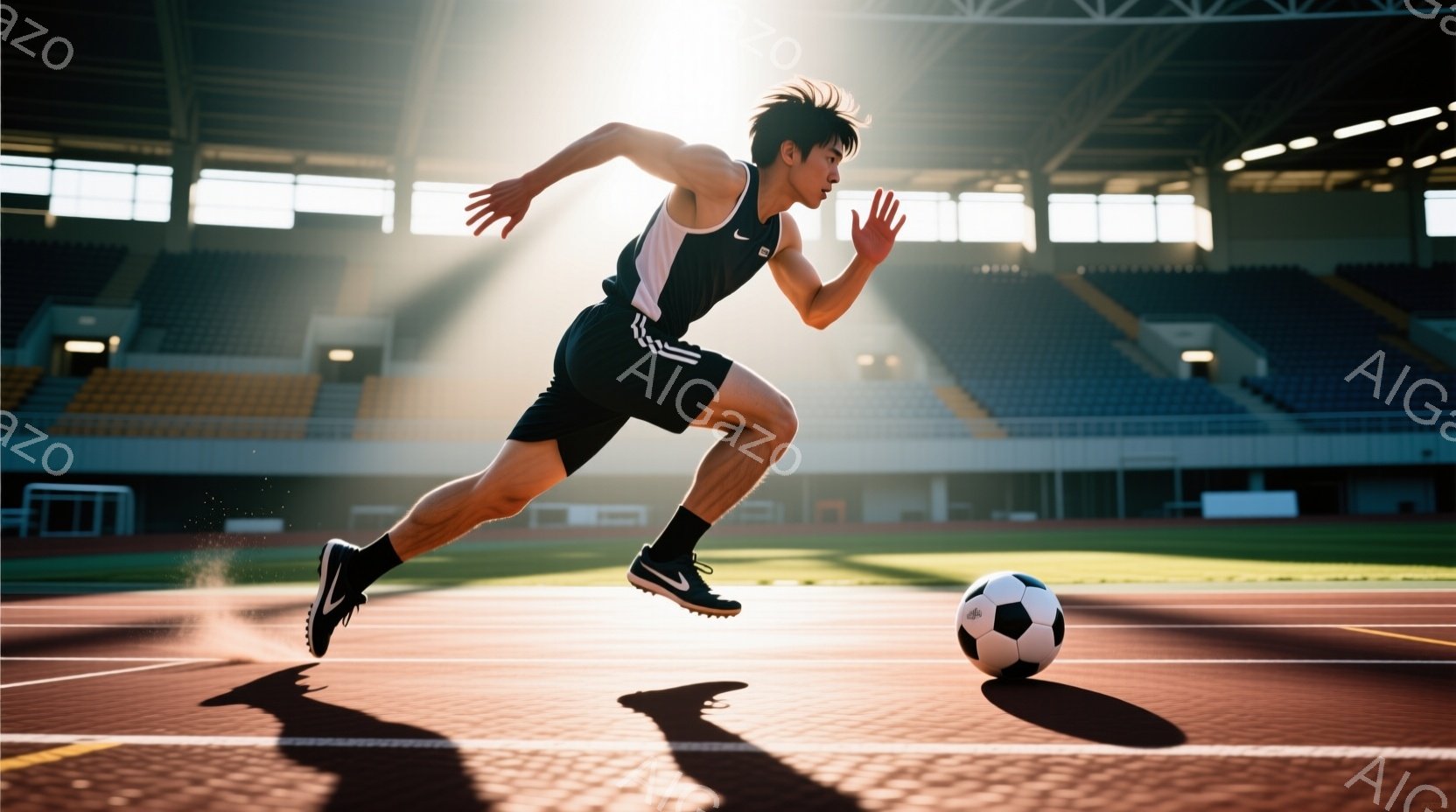 黒いタンクトップと短パン姿の男性が、陸上競技場で走っている様子が捉えられています。彼の髪型は短く、表情は真剣で、走ることに集中しているのが伝わります。背景には観客席と、光が差し込む明るい競技場があり、 - AI生成フリー素材