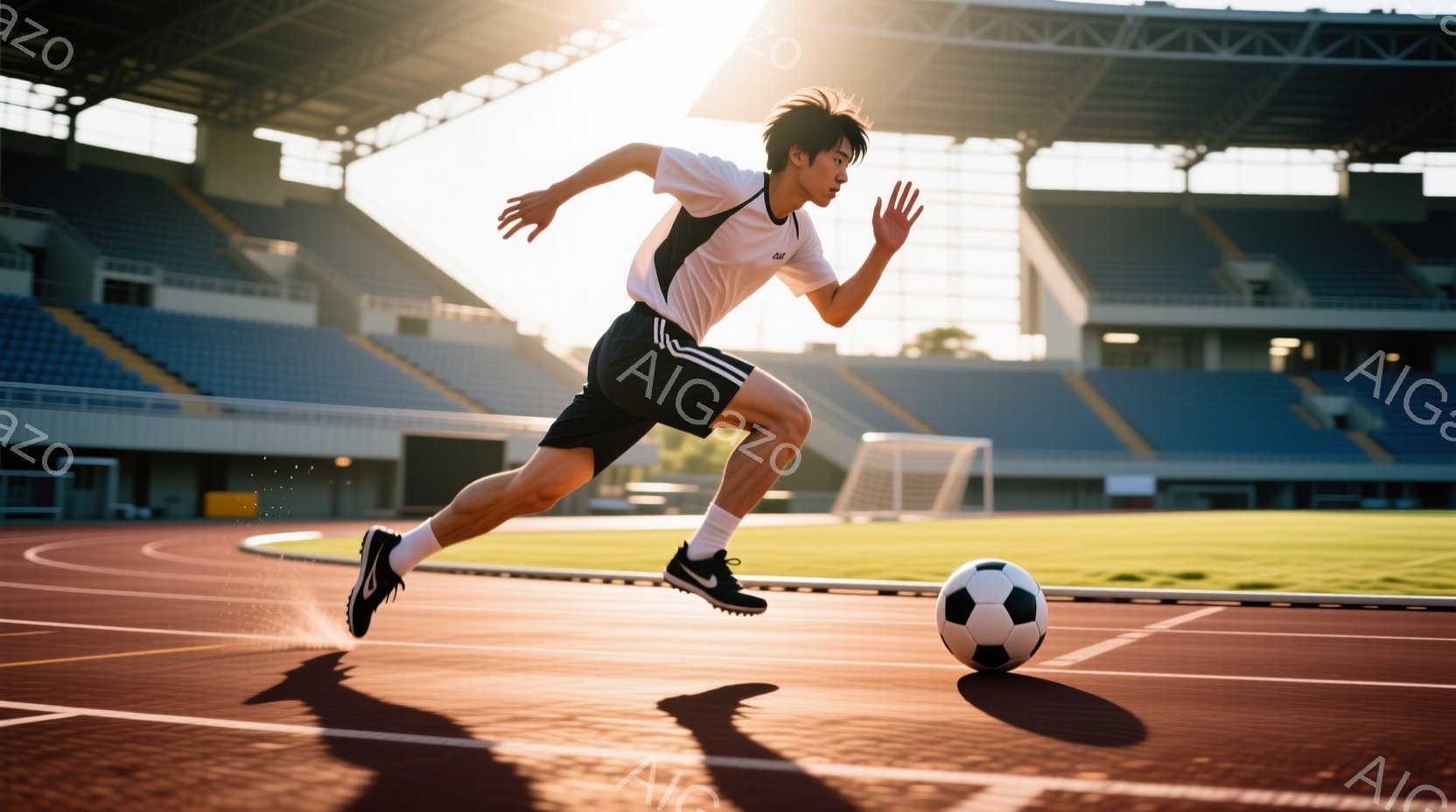 競技場を疾走するサッカー選手が写っている。白いシャツに黒いショーツ姿で、黒いヘアスタイルを整え、集中した表情でボールを追いかけている。背景には観客席が広がり、明るい太陽光が差し込み、躍動感と活気あふれる雰囲気を醸し出している。