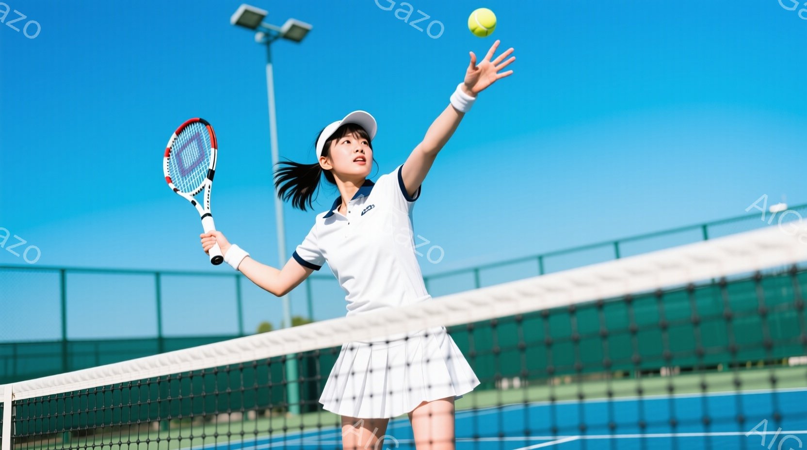 白いポロシャツとプリーツスカートを着た若い女性が、テニスボールをサーブしようとしているところです。彼女は髪をポニーテールにし、顔は上向きで集中した表情をしています。背景には緑のテニスコート、青い空、そ - AI生成フリー素材