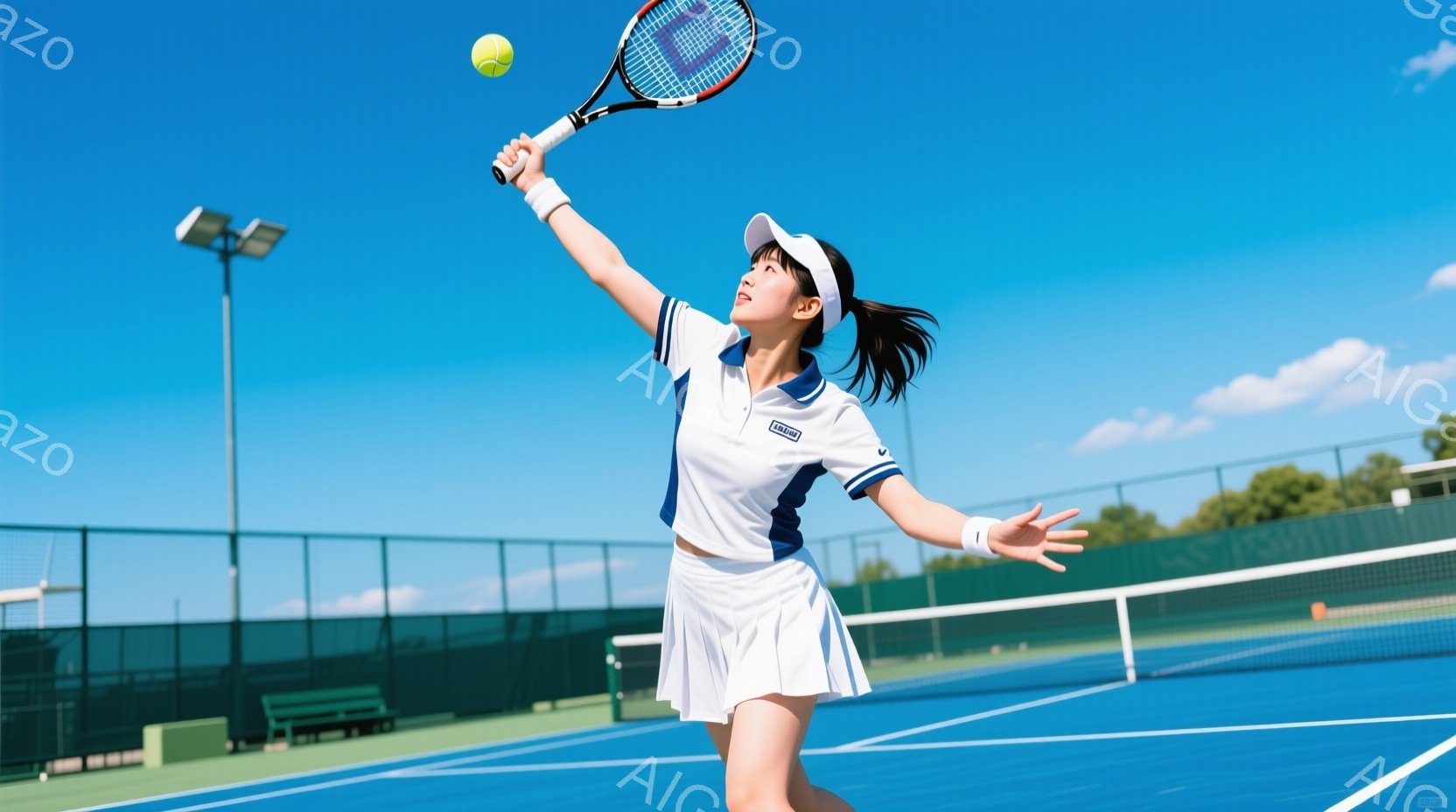 青いテニスコートで、白いポロシャツと白いスカートを着用した女性が、右手を高く上げてサーブを打とうとしています。彼女は黒いヘアバンドで髪をまとめ、集中した表情でボールを見つめています。背景には緑の木々、 - AI生成フリー素材