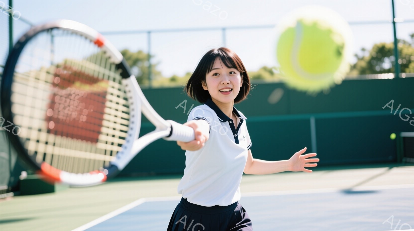 若い女性がテニスをしている写真です。白いポロシャツと紺色のスカートを着用し、髪は肩までの長さで、少し内側にカールしています。彼女はテニスラケットを振りかぶり、ボールを打とうとする姿勢で、笑顔を浮かべて - AI生成フリー素材