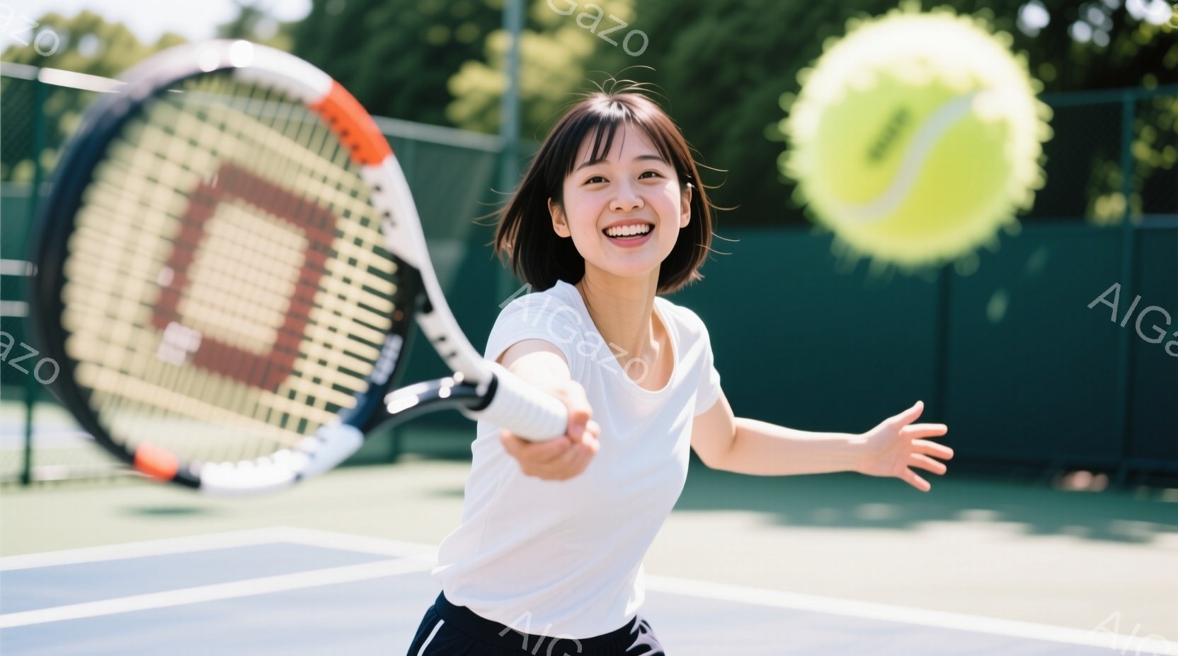 短い黒髪で、笑顔の女性がテニスラケットを振りかぶってボールを打とうとしています。白いTシャツと黒いショートパンツを着用しており、テニスコートの緑の背景が広がっています。晴れた日の明るい雰囲気で、女性は - AI生成フリー素材