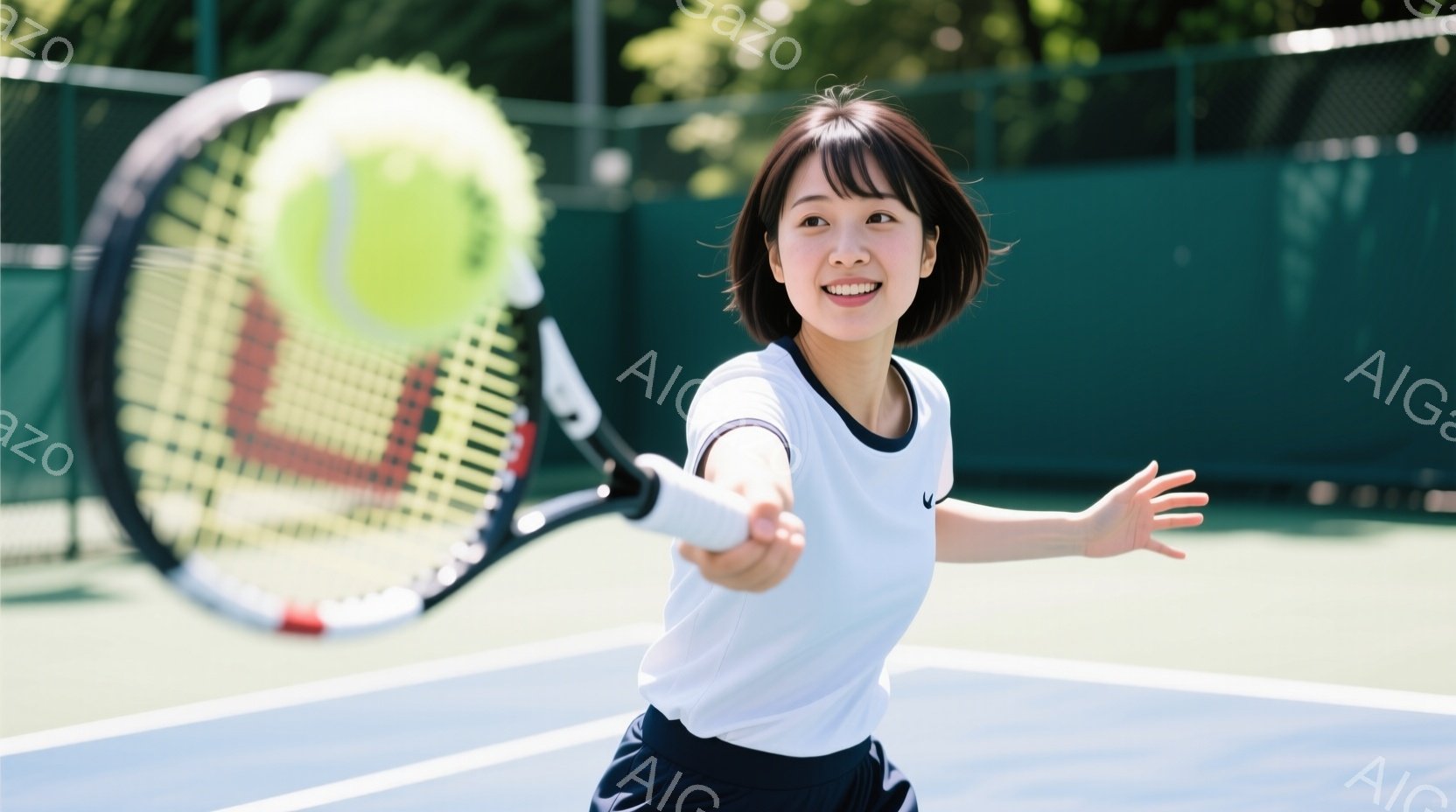 女性はテニスコートでテニスをしている様子が写っている。白の半袖シャツと紺色のショートパンツを着用し、笑顔でフォアハンドの準備をしている。背景は緑色のコートと一部の木々が見え、晴れた日の屋外で活動的な雰囲気が伝わってくる。