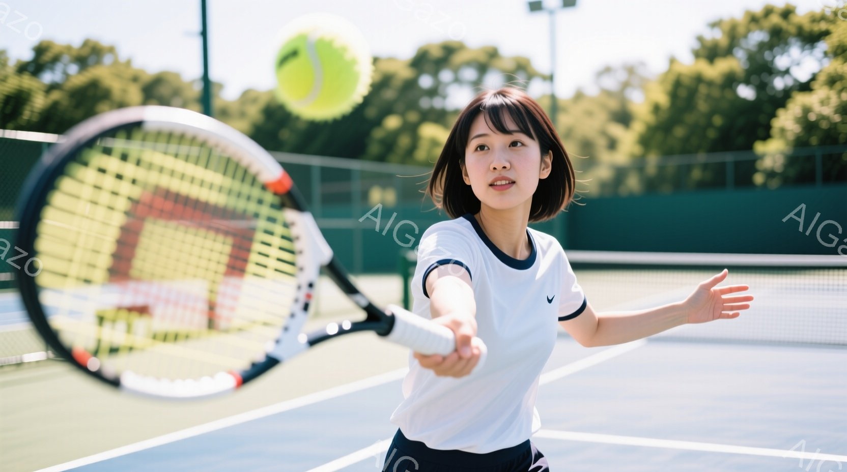 テニスをしている若い女性が写っています。白い襟付きのTシャツと黒いショートパンツを着用し、短い茶色の髪型で、前向きな表情でフォアハンドショットを打とうとしています。背景には緑のテニスコートと、ぼやけた - AI生成フリー素材