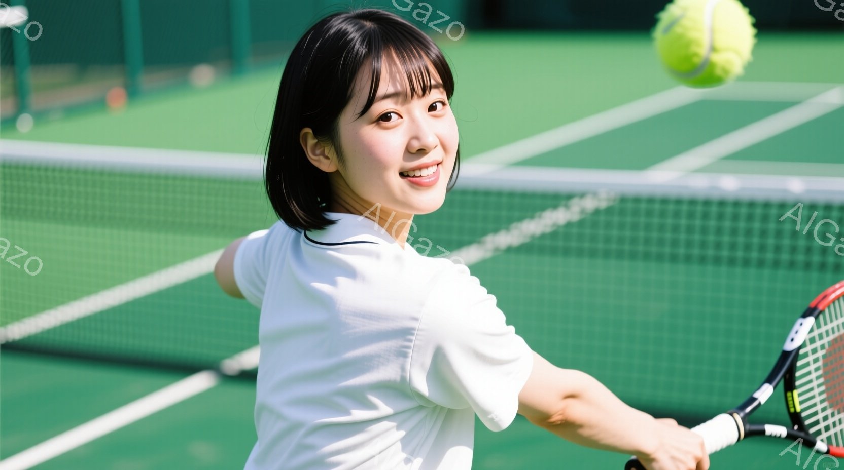若い女性がテニスラケットを振りかぶり、テニスボールを打とうとしている瞬間を捉えた写真です。白い襟付きのシャツを着ており、黒髪を肩まで伸ばしたヘアスタイルで、笑顔でプレーを楽しんでいる様子が伺えます。背 - AI生成フリー素材