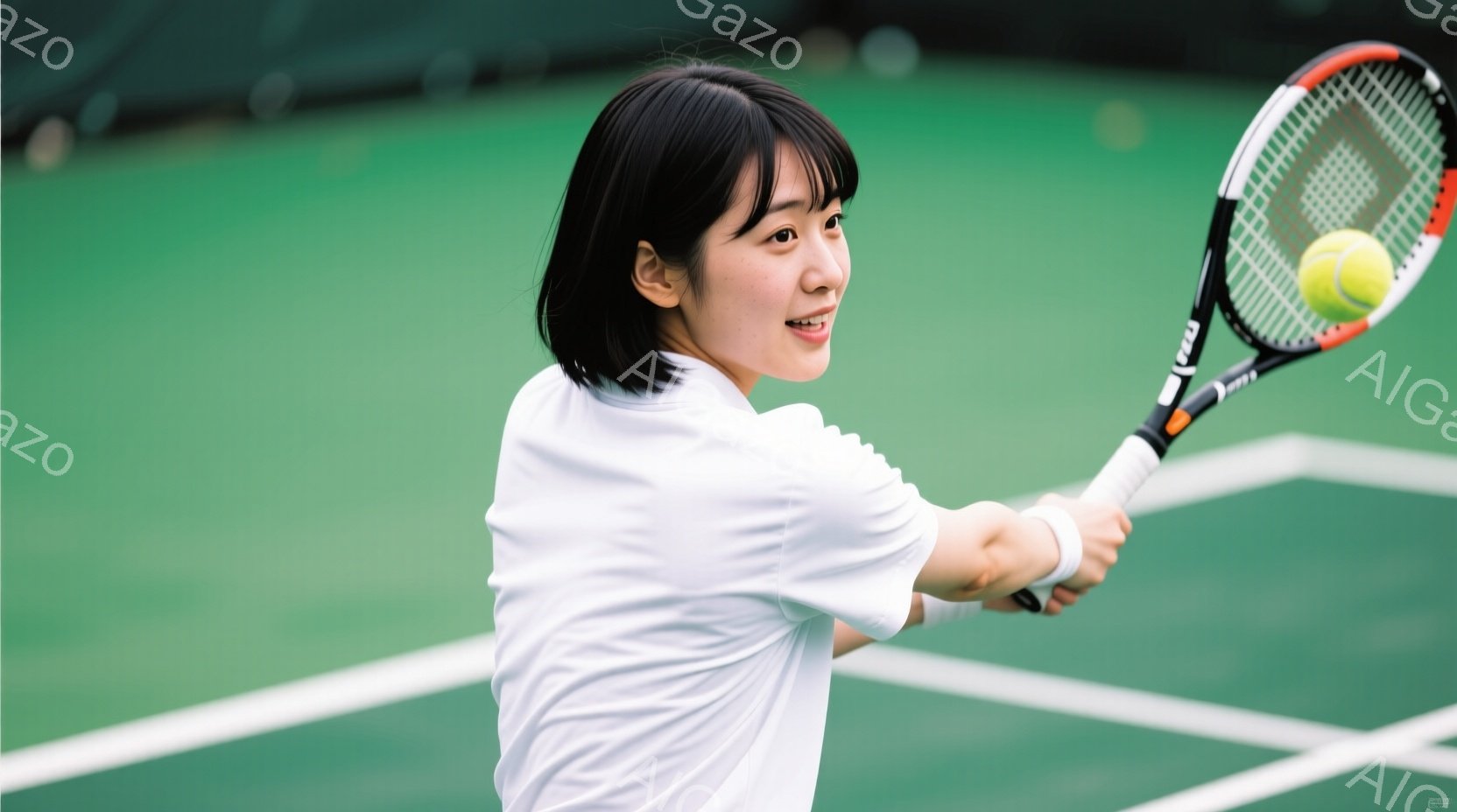 若い女性がテニスをしている様子が写っている。白のTシャツを着ており、短く黒い髪型をしている。彼女はテニスラケットを振りかぶり、ボールを打とうとしている瞬間のダイナミックなポーズで、表情も明るく楽しそう - AI生成フリー素材