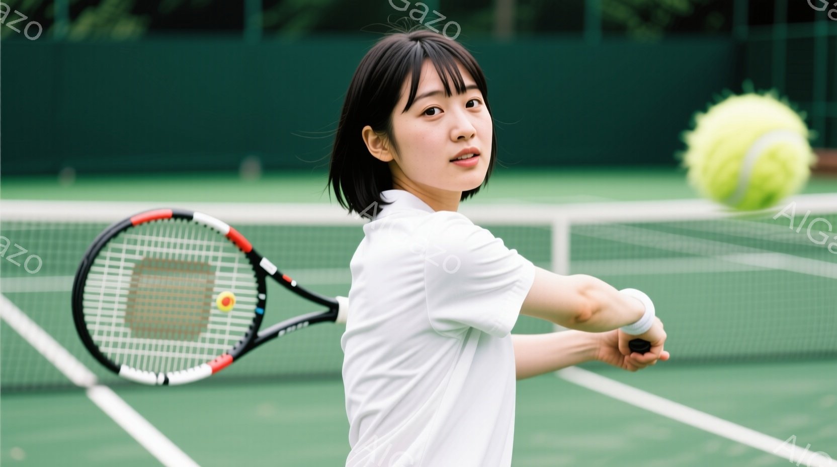 若い女性がテニスコートでテニスをしている写真です。白いTシャツを着て、短く黒い髪をしており、真剣な表情でフォアハンド打ちの準備をしています。背景には、緑のコートと白いネット、そしてぼやけた緑の木々が見 - AI生成フリー素材