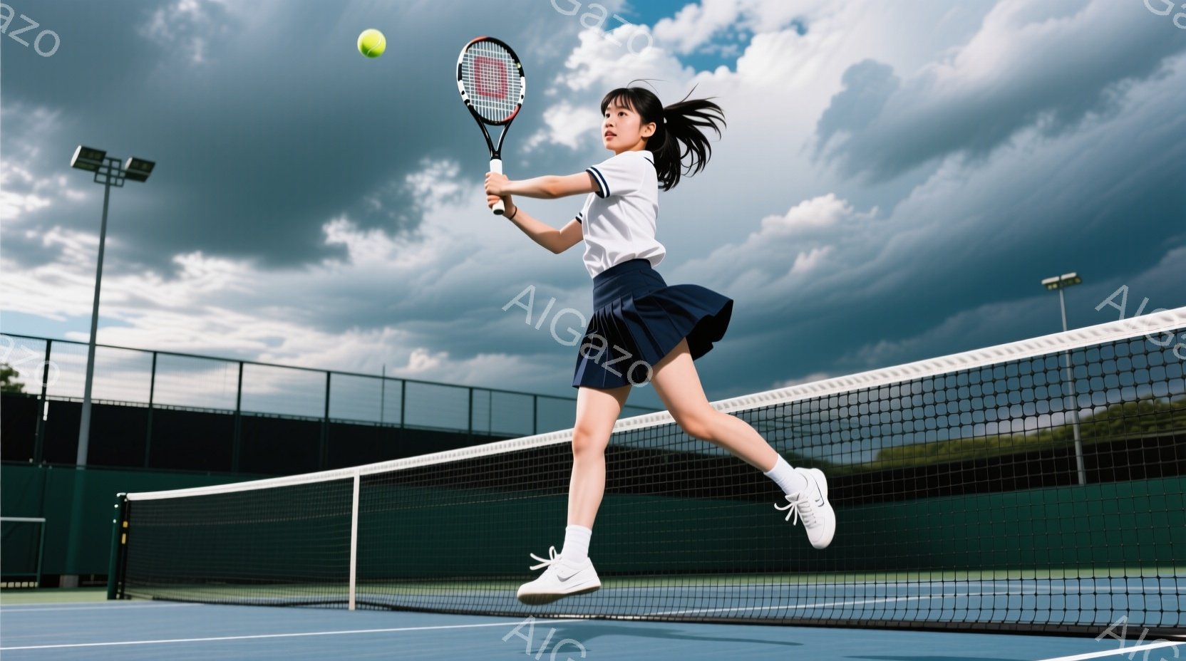 テニスをする若い女性が写っており、白いポロシャツと紺色のプリーツスカート、白い靴下とスニーカーを着用しています。彼女は空中でボールを打つためにジャンプしており、髪はポニーテールに結ばれています。背景は - AI生成フリー素材