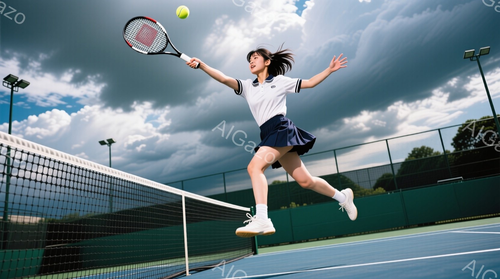 若い女性テニス選手が、コート上でジャンプしてボールを打ち返そうとしています。彼女は白いポロシャツと紺色のスカート、白いテニスシューズを着用し、長い黒髪は後ろでポニーテールに結ばれています。背景には緑の - AI生成フリー素材