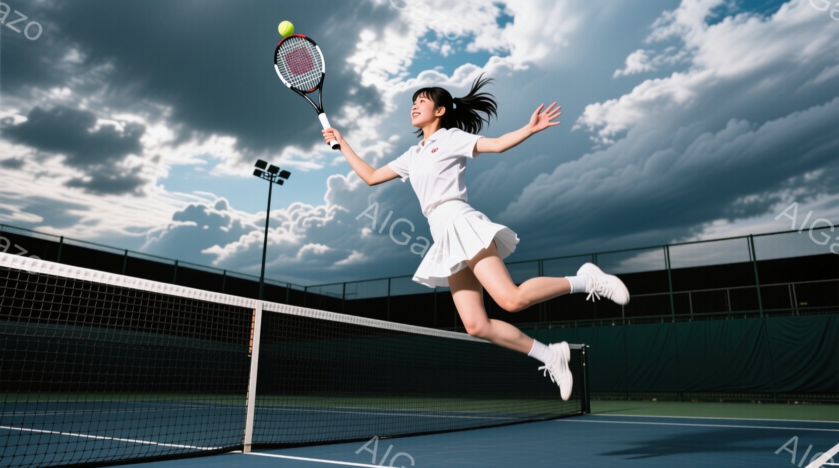 テニスをする若い女性が写っている。彼女は白いポロシャツと白いスカート、白いスニーカーを身に着けており、長い黒髪をポニーテールにしている。彼女はジャンプしてテニスラケットを振りかぶり、ボールを打とうとしている途中で、背景には青いコートと緑色のフェンス、そして曇り空が広がっている。