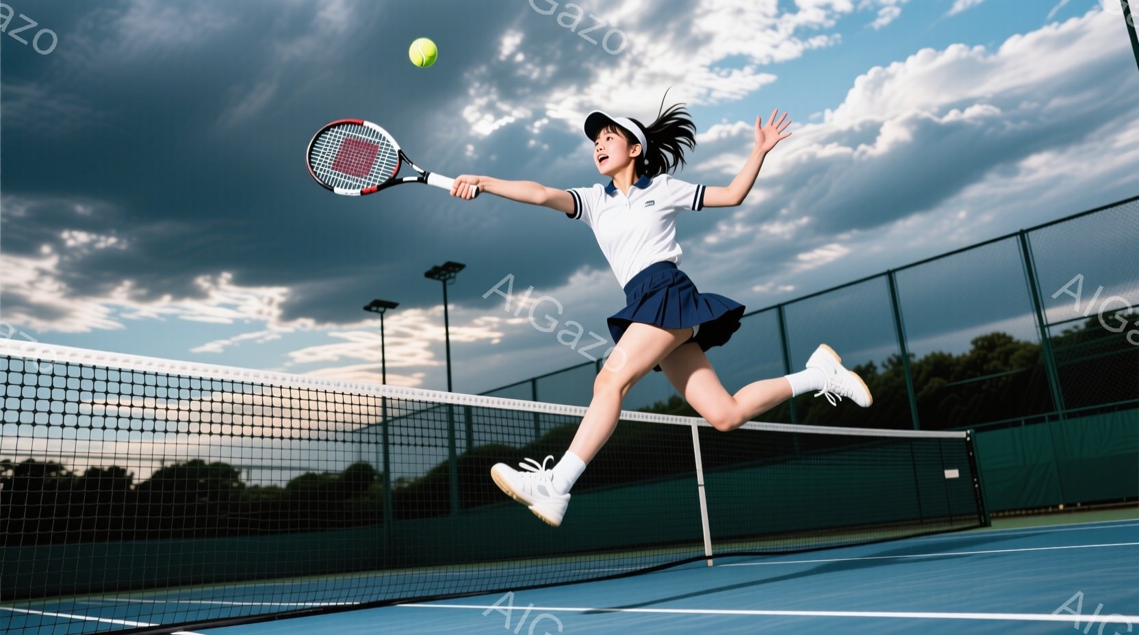 青いテニスコートで、若い女性がジャンプしてテニスボールをフォアハンドで打ち返そうとしています。白いポロシャツと濃い青色のスカート、白いスニーカーを着用し、髪はポニーテールに結ばれています。背景には緑豊 - AI生成フリー素材