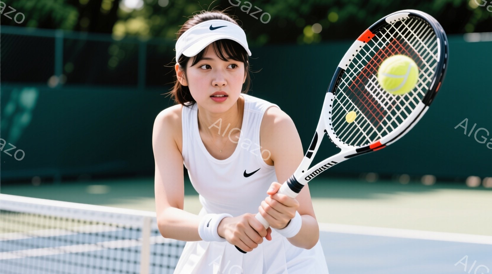 テニスをする若い女性が写っている。白いタンクトップとスカート、ヘッドバンドを着用し、ネットに向かってスイングしている。背景は緑の木々とテニスコートで、晴れた日の屋外での試合の様子が伺える。 - AI生成フリー素材