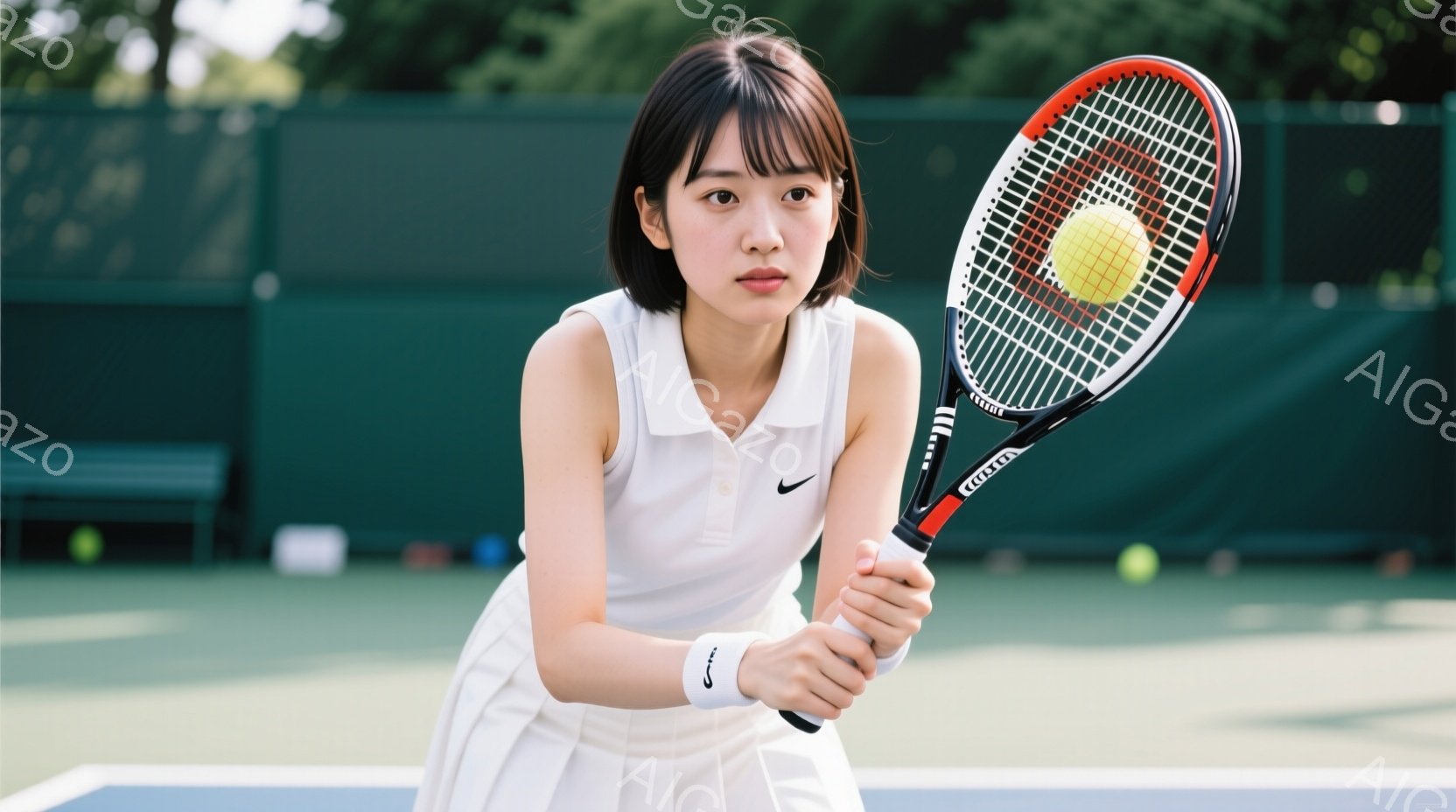 テニスウェア姿の若い女性が、片手にテニスラケットを持ち、真剣な表情でボールを見つめている。白いポロシャツとプリーツスカートを着用し、黒髪の毛先は軽くカールしている。背景は緑色のテニスコートで、遠くに木 - AI生成フリー素材