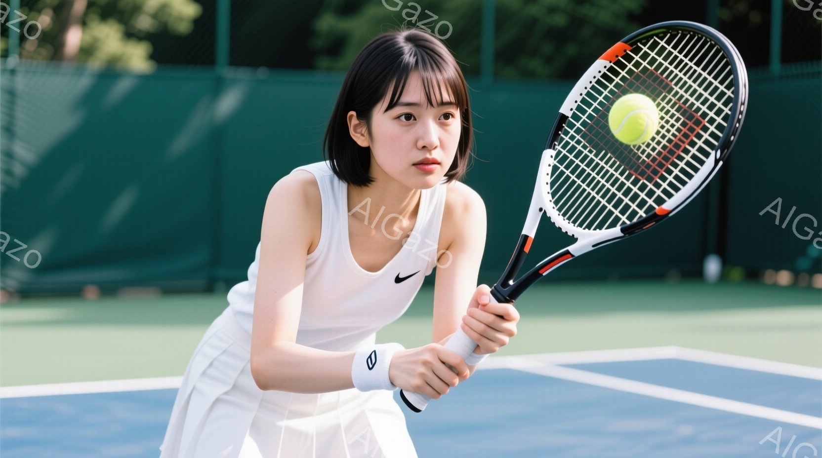 白いテニスウェアを着た若い女性が、テニスラケットを構え、ボールを打とうとしている瞬間を捉えた写真です。黒いボブヘアで、真剣な表情でボールを見つめています。背景はテニスコートで、緑のネットと青いコートが - AI生成フリー素材