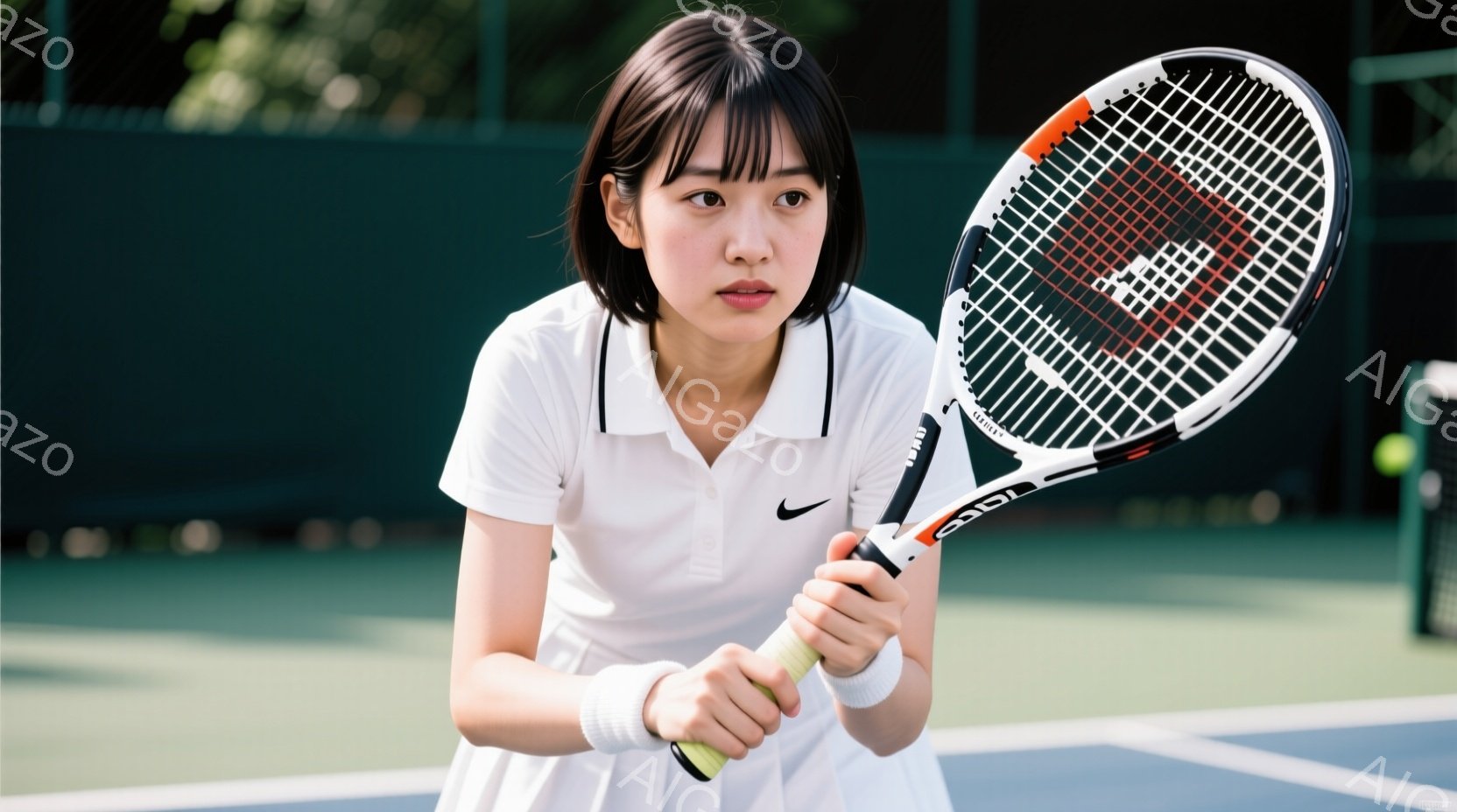 若い女性がテニスコートに立っており、白いポロシャツとスカートを着用しています。彼女は黒い髪を肩の長さで切り揃え、真剣な表情でテニスラケットをしっかりと握り、プレーの準備をしている様子です。背景には緑豊 - AI生成フリー素材