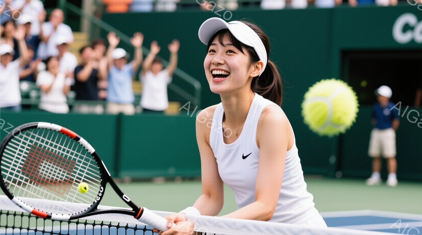 テニス選手である女性が、試合後、ネット際に笑顔で立っている様子が写っている。白いテニスウェアにキャップを被り、髪はポニーテールに結んでいる。背景には観客席が見え、緑の芝生と晴天の空が広がり、勝利の喜びを分かち合う活気ある雰囲気が漂っている。