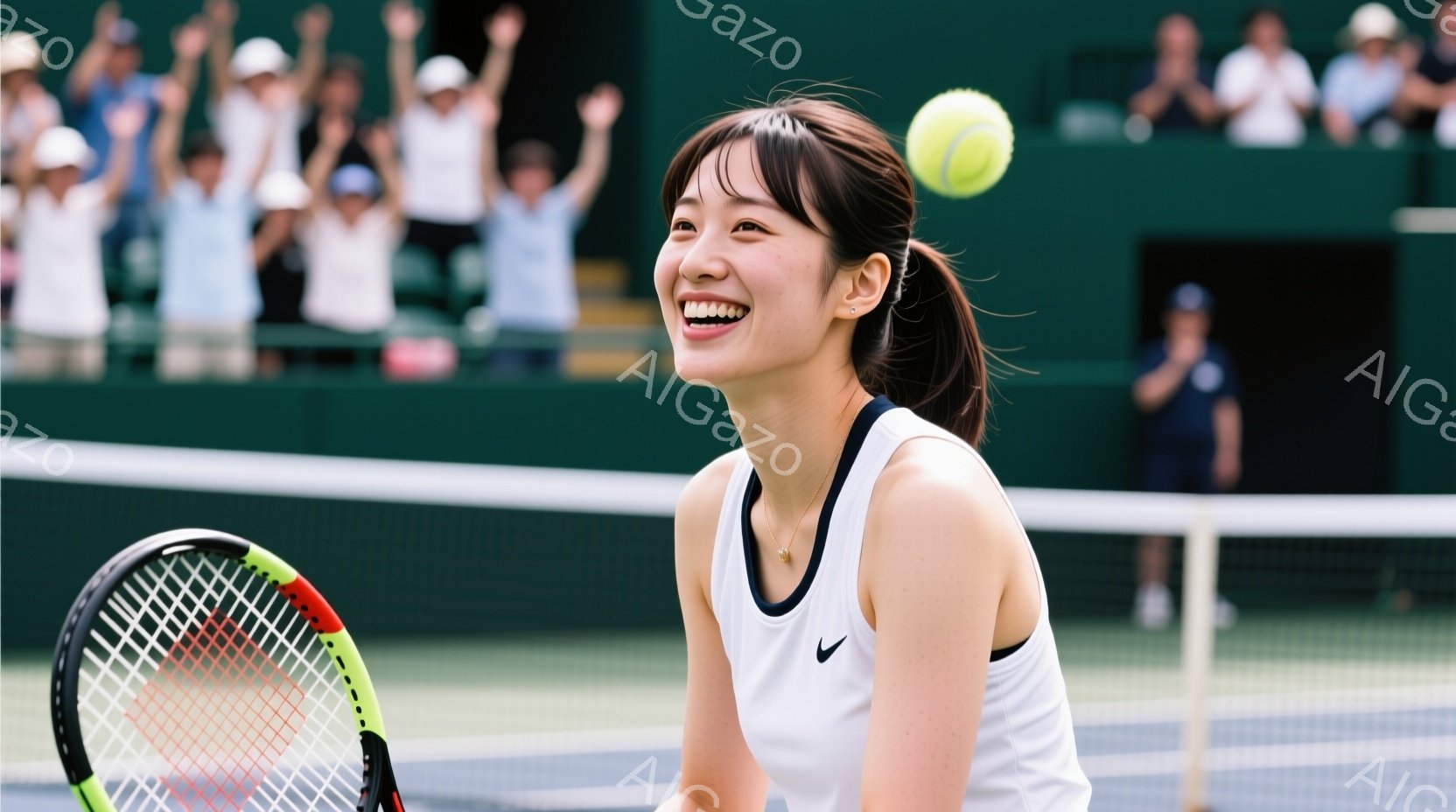 テニスをする若い女性が写っており、白いタンクトップと黒いショートパンツを着用しています。彼女は笑顔で少し上を見上げており、黒い髪をポニーテールにしています。背景には緑のフェンスと観客席があり、テニスボ - AI生成フリー素材