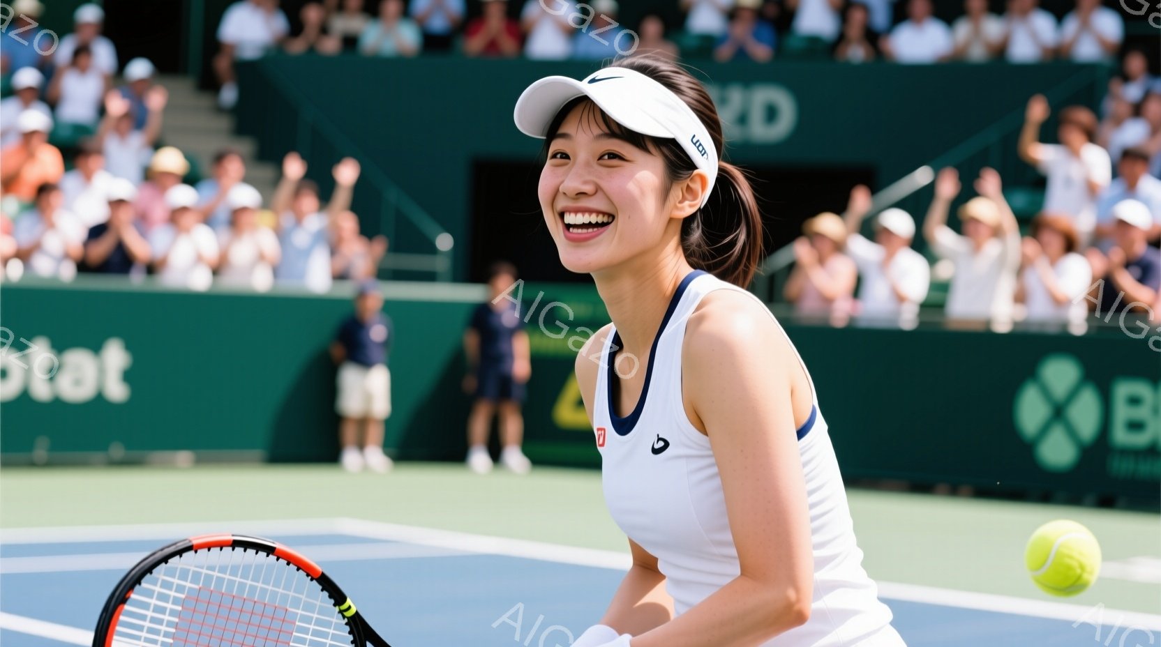 テニスをする女性アスリートが写っています。彼女は白い帽子と白いテニスウェアを着ており、満面の笑みを浮かべています。背景には緑のコートと観客席が見え、晴天の下での試合の様子が伺えます。