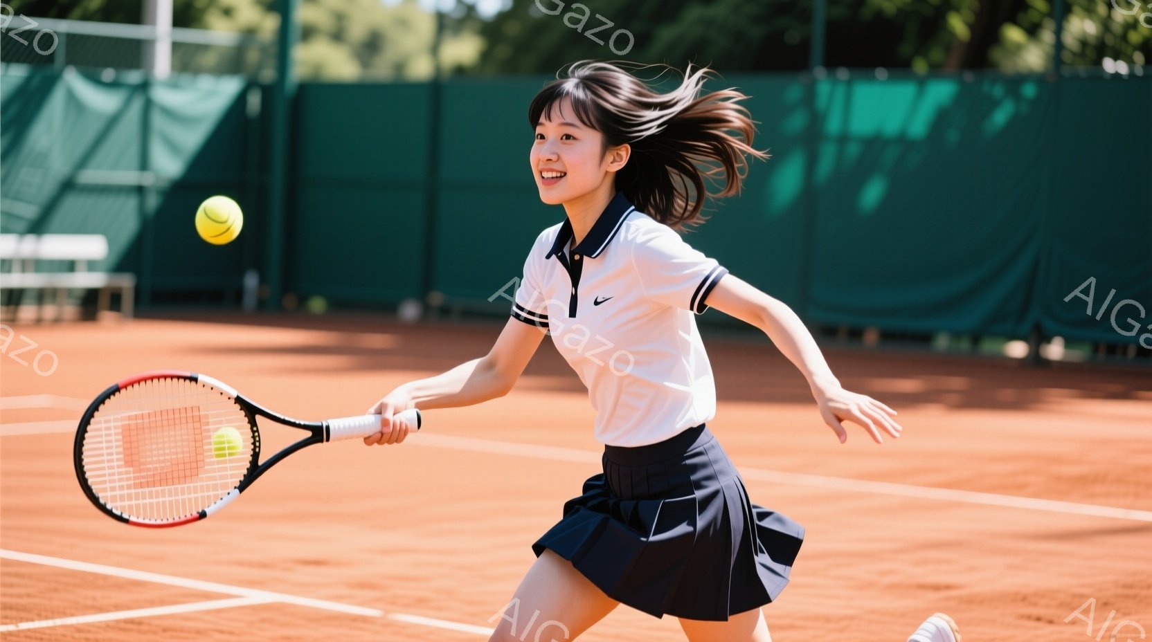 茶色のコートでテニスをする若い女性が写っている。白いポロシャツに紺色のスカート、髪はポニーテールにしており、笑顔でラケットを振りかぶっている。背景には緑のフェンスとコートが見え、晴れた日の屋外での活気 - AI生成フリー素材