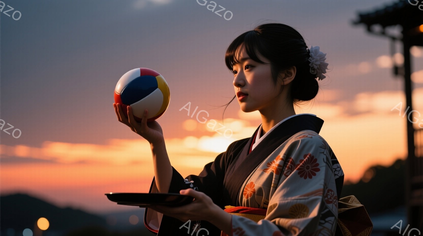 夕焼けを背景に、着物を着た若い女性が写っている。彼女はクリーム色の地に赤い花柄が入った着物を着ており、黒髪を後ろでまとめ、髪飾りをつけている。彼女は片手にボールを持ち、もう片手に皿を持って、どこかを見 - AI生成フリー素材