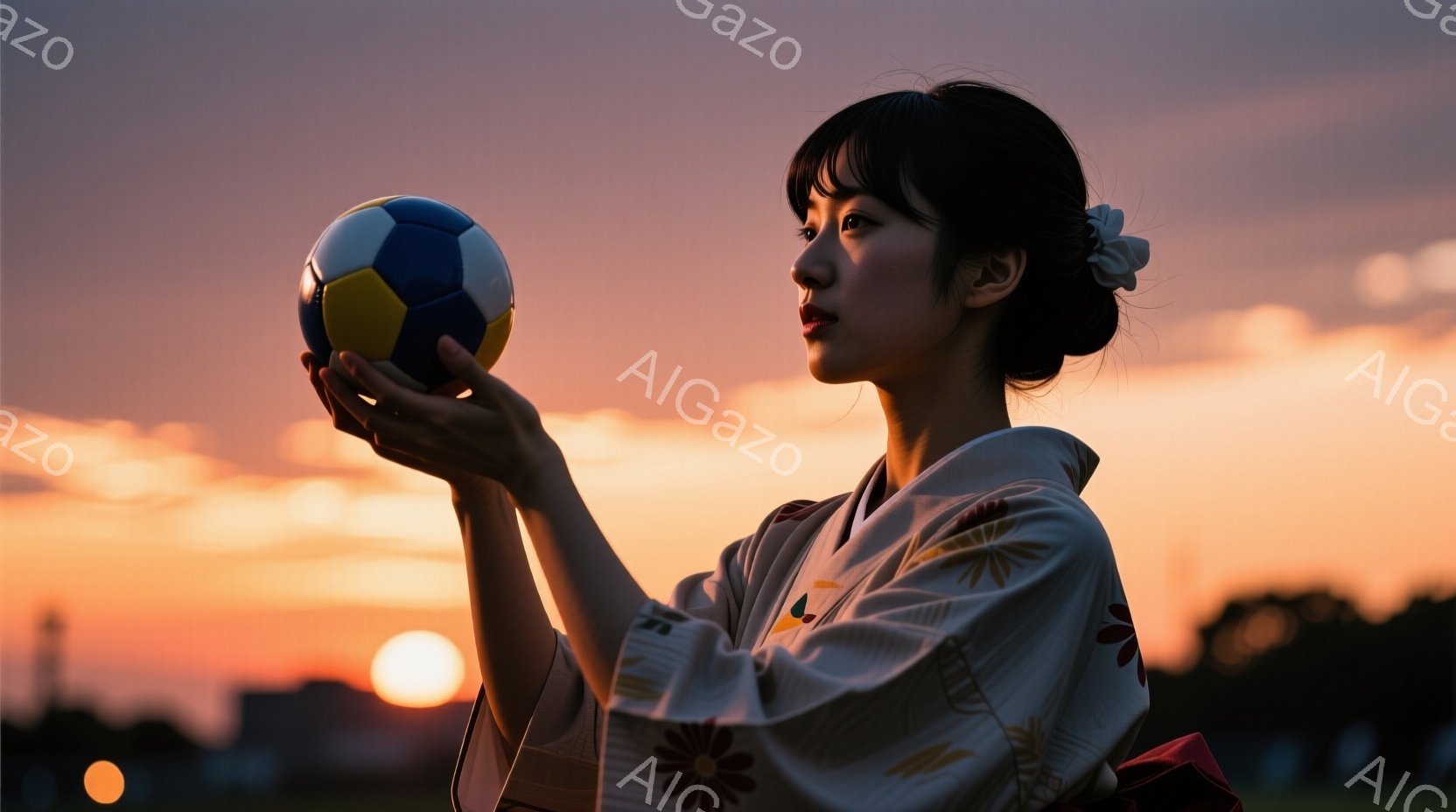 白い背景に薄い緑色の模様が入った着物を着た若い女性が、夕焼けを背景にバスケットボールを持って立っている。彼女は髪を後ろでまとめ、白い花飾りをつけている。表情はどこか憂いを帯びており、沈みゆく太陽の光に照らされ、物憂げな雰囲気を醸し出している。