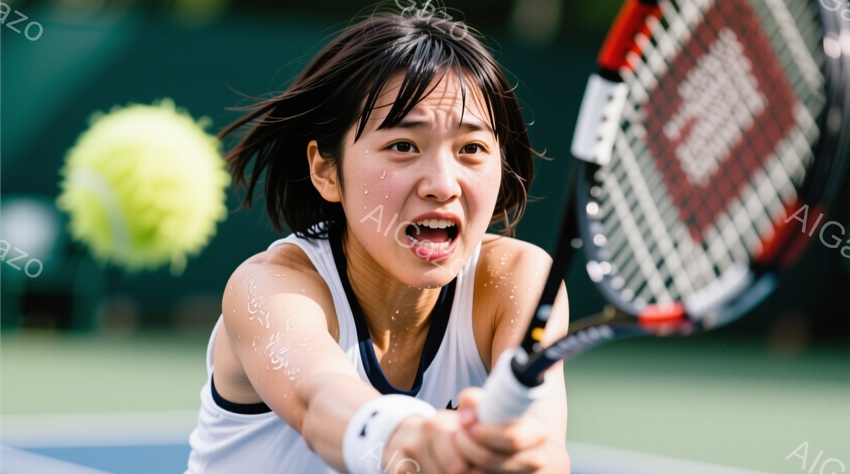 テニスをする若い女性が写っている。彼女は白いタンクトップと短いヘアスタイルで、集中した表情でフォアハンドショットを打とうとしている。背景は緑のテニスコートとぼやけた自然で、彼女の動きとエネルギーが強調 - AI生成フリー素材