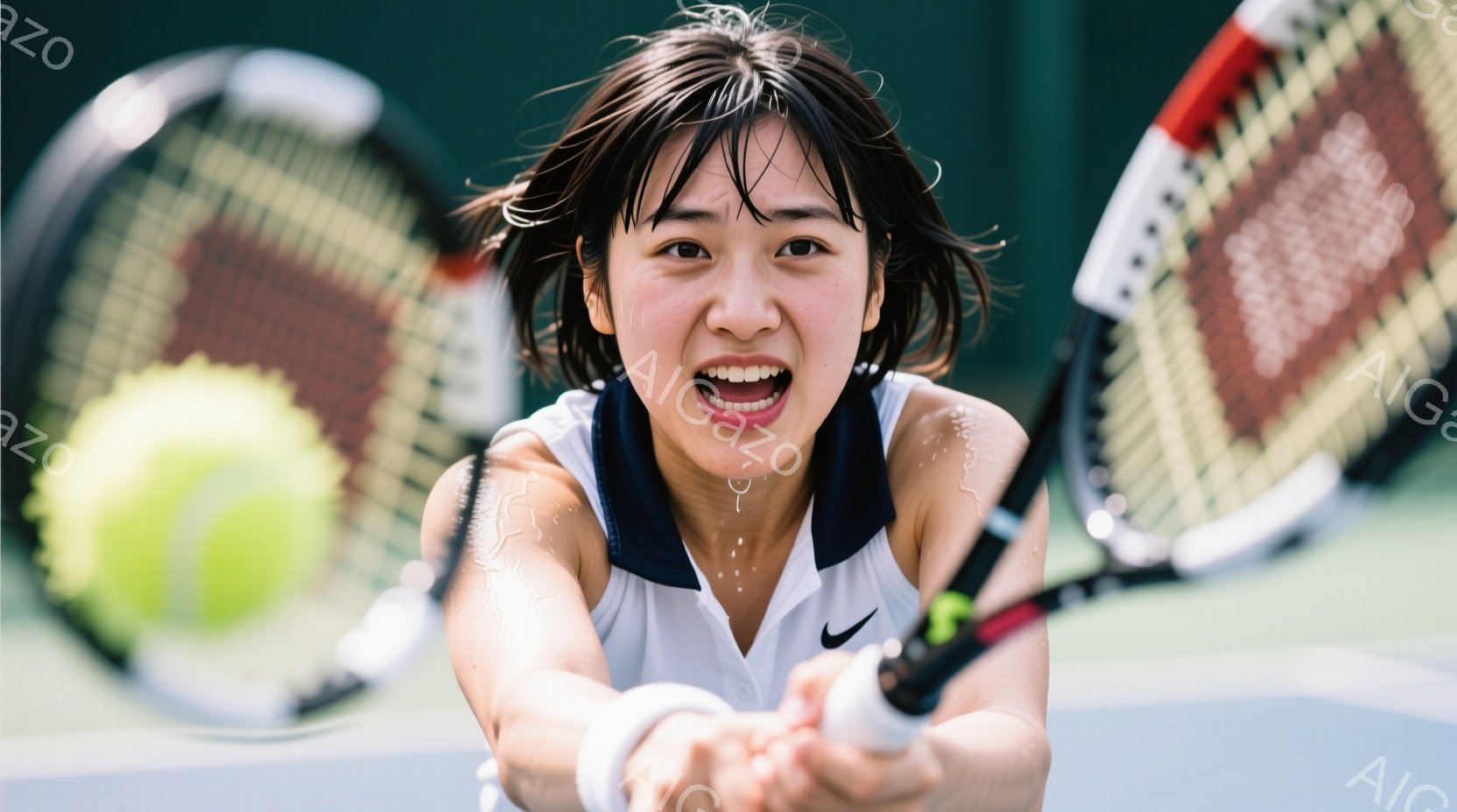 テニスをする女性は、白いポロシャツと黒いショートパンツを着用し、額には汗が光っています。彼女はフォアハンドストロークを打ち、力強い表情でボールを見つめています。背景には、ネットと緑のコート、そしてぼや - AI生成フリー素材