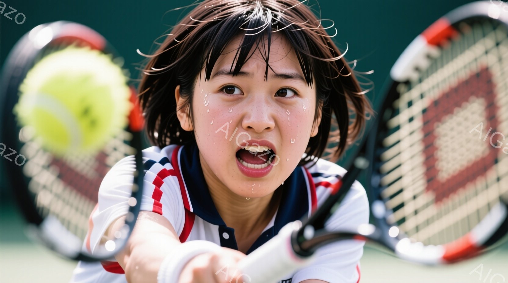 若い女性テニス選手が、試合中にフォアハンドショットを打つ瞬間を捉えた写真です。彼女は青と白のストライプの襟のあるポロシャツを着ており、額には汗が光っています。背景は緑色のコートで、集中した表情で力強く - AI生成フリー素材