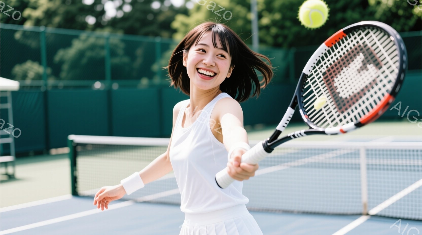 テニスコートで女性がテニスラケットを振りかぶっている写真です。彼女は白いタンクトップとスカートを身に着け、短くダークブラウンのヘアスタイルで、満面の笑顔を浮かべています。背景には緑のネットとコート、そ - AI生成フリー素材