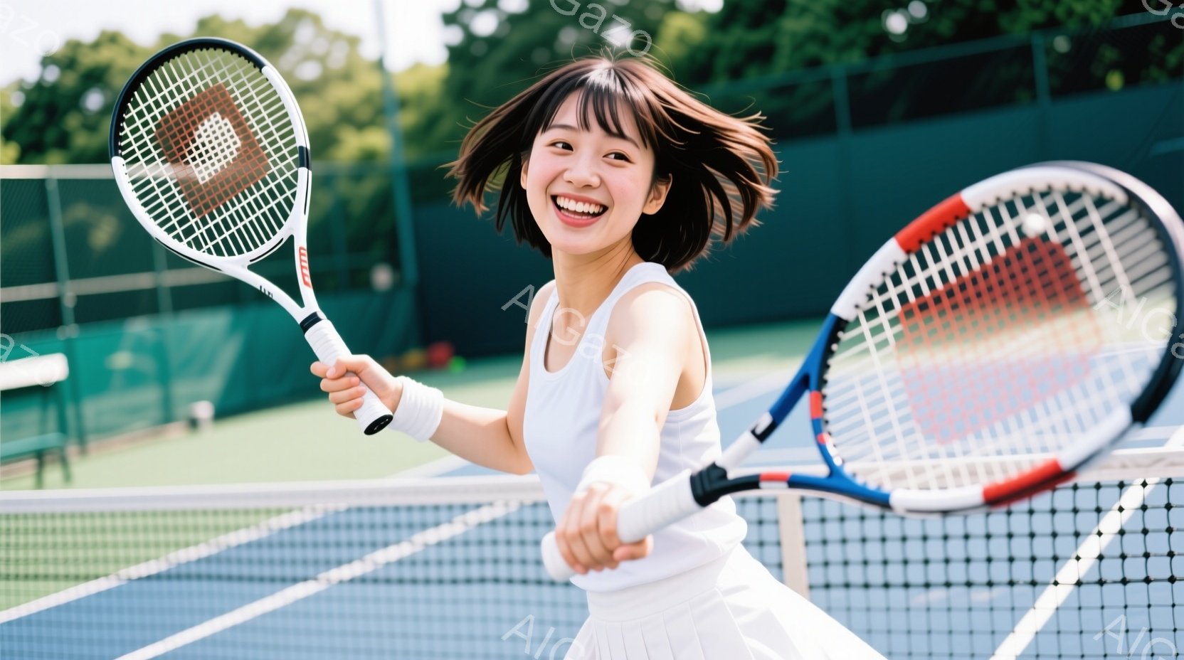 明るい笑顔を浮かべた若い女性が、テニスコートでテニスラケットを構えている。白いタンクトップと白いプリーツスカートを身に着け、髪は肩のあたりで切り揃えられ、少しカールがかかっている。背景には青いテニスコ - AI生成フリー素材