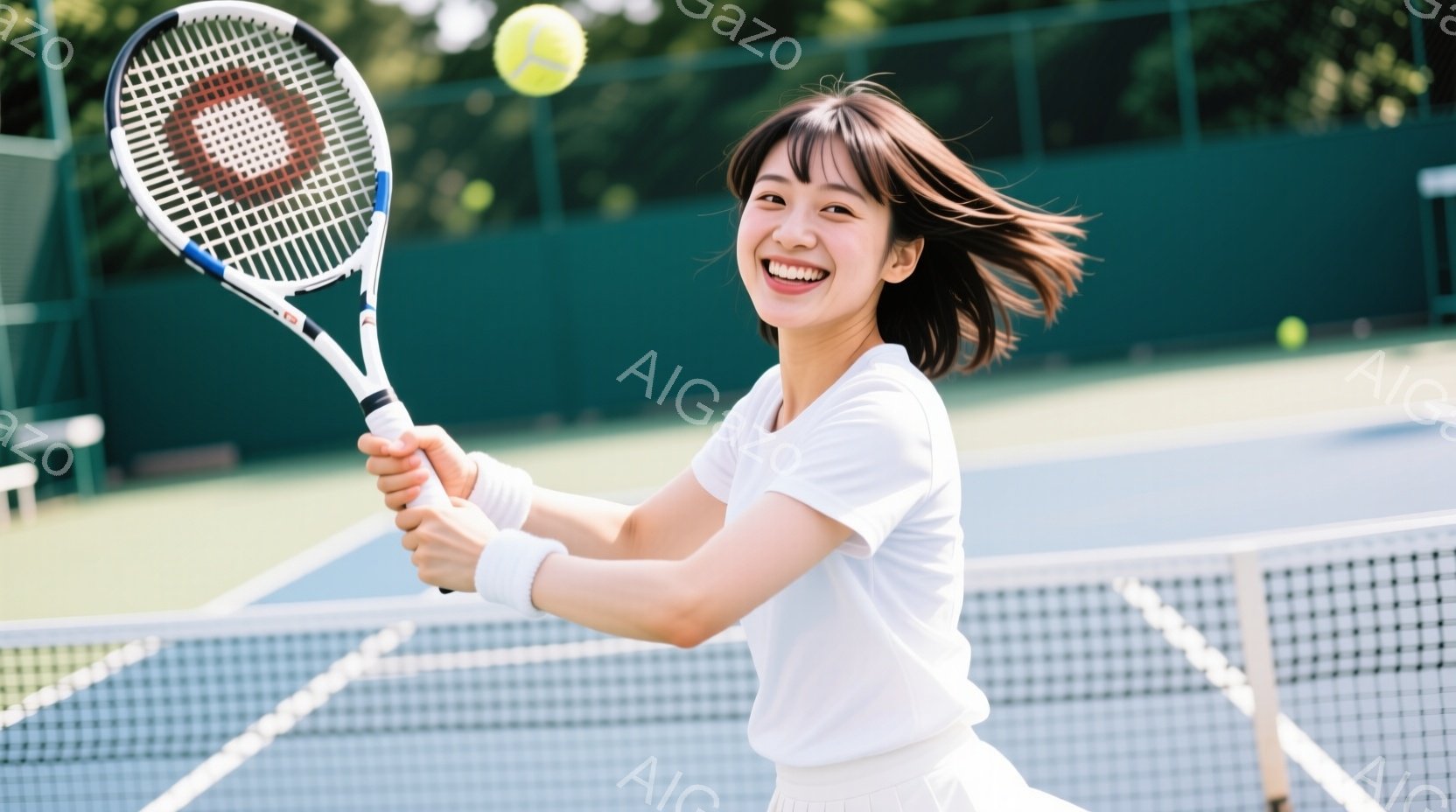 白いTシャツとスカートを着た若い女性がテニスラケットを振りかぶり、フォアハンドショットを打とうとしている様子が写っている。彼女は笑顔で、髪は少し乱れ、躍動感に満ちたポーズをとっている。背景には緑色のテ - AI生成フリー素材