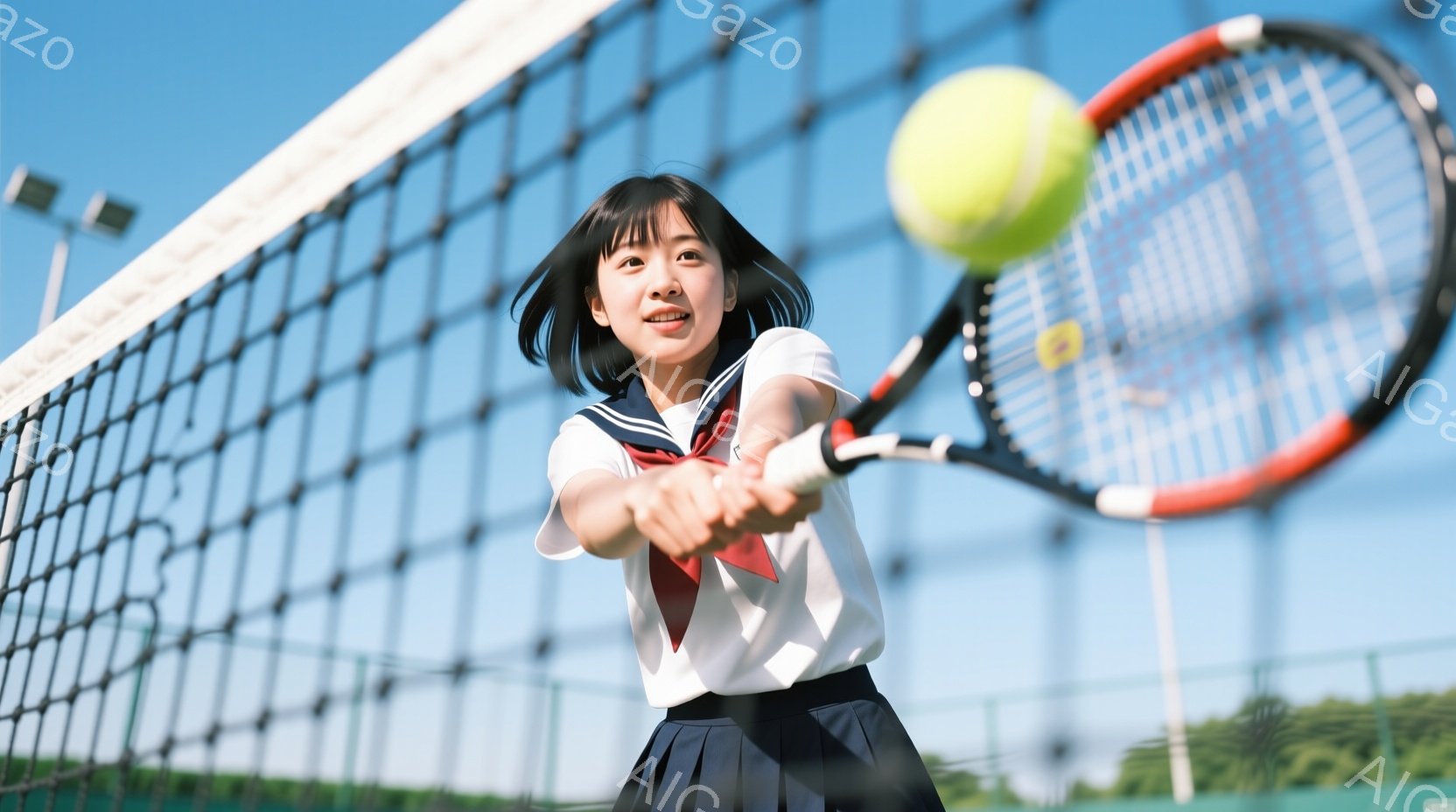 制服姿の女子高生がテニスラケットを構え、フォアハンドでボールを打とうとしている瞬間を捉えた写真です。彼女は短い黒髪で、笑顔で前を見つめており、活発な印象を与えます。背景には青空とテニスコートのネット、 - AI生成フリー素材